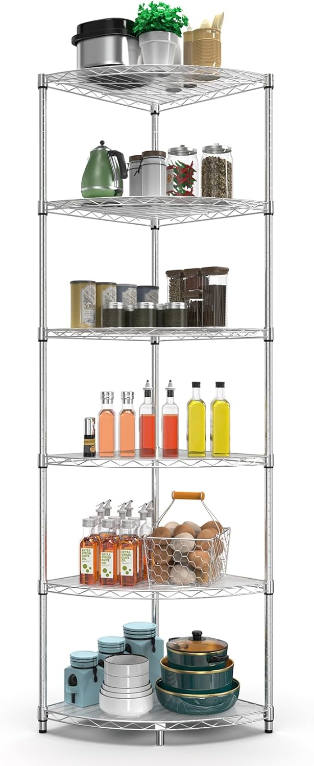 Estantería de alambre esquinero NSF de 6 niveles, 18 x 18 x 72 pulgadas, capacidad de 420 libras, estante de almacenamiento de metal ajustable