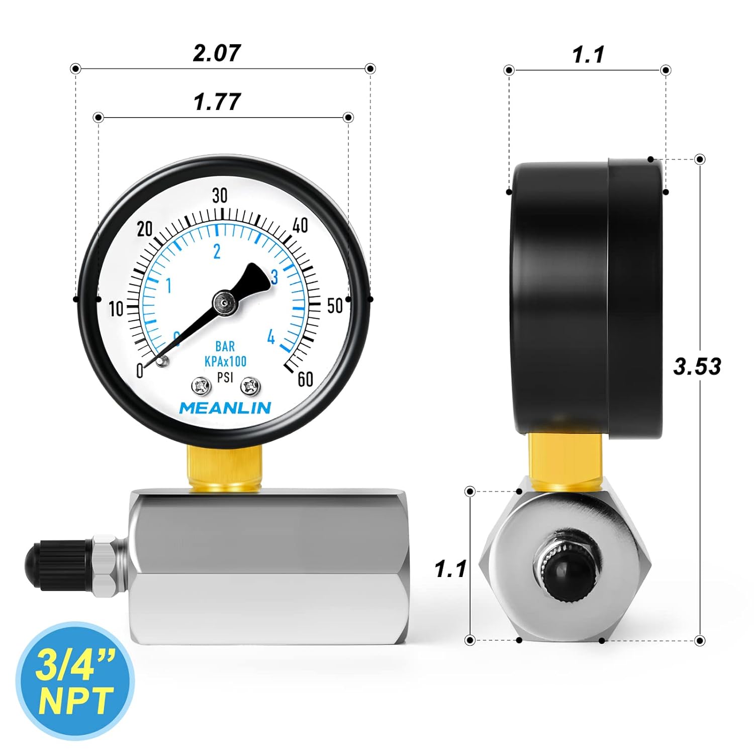 MEANLIN MEASURE 0-60Psi 2 “medidores de presión graduados dobles de acero de prueba de aire, conexión FNPT de 34”, precisión del -3-2-3%