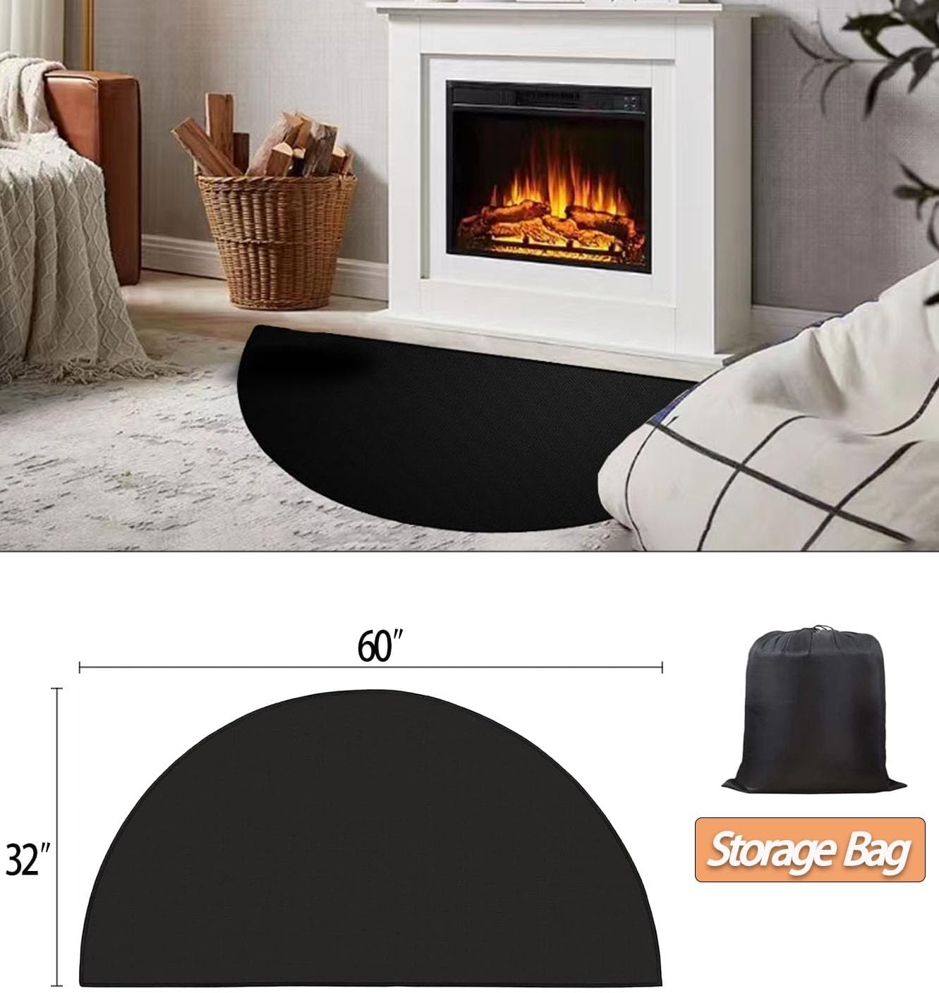 Tapete ignífugo para chimenea, de 32 x 60 pulgadas, para chimeneas, tapete medio redondo para protector de suelo de chimenea, alfombras de chimenea
