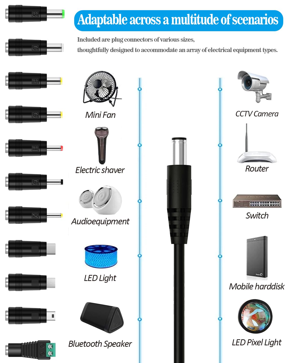 Cable de alimentación universal USB a CC de 5 V, cable de carga de 0.217 x 0.083 in con 11 conectores adaptadores (6.3×3.0, 5.5×2.5, 4.8×1.7,