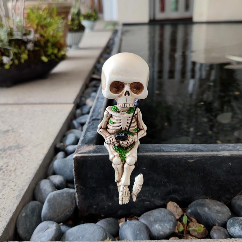 2 adornos de esqueletos de pesca para jardinería, estatua de esqueleto de pesca, figuras de resina, figuras de Halloween, estatuas de calavera de
