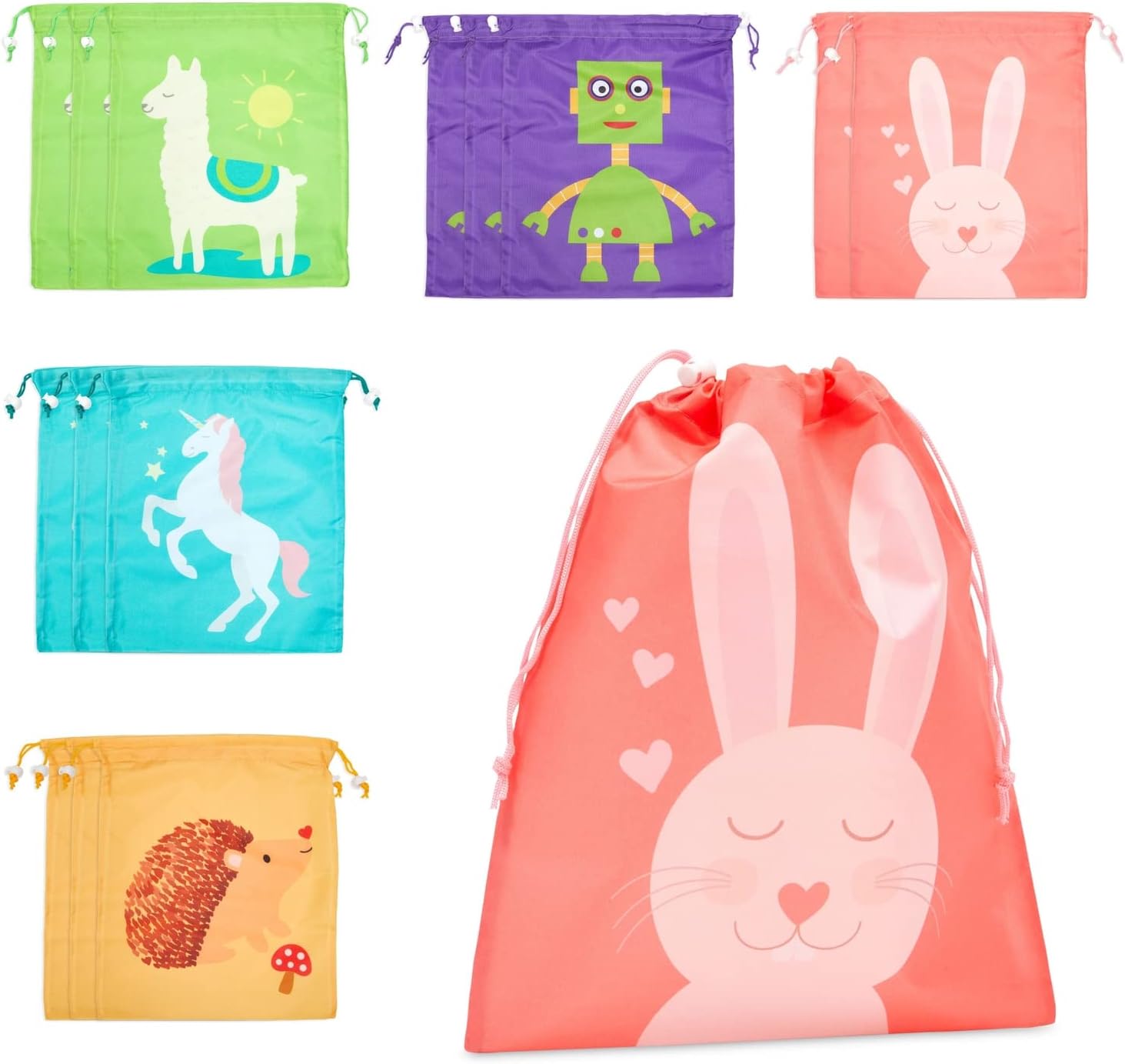 BLUE PANDA Paquete de 15 bolsas con cordón para fiestas temáticas de animales para cumpleaños de niños, 5 diseños (10 x 12 pulgadas)