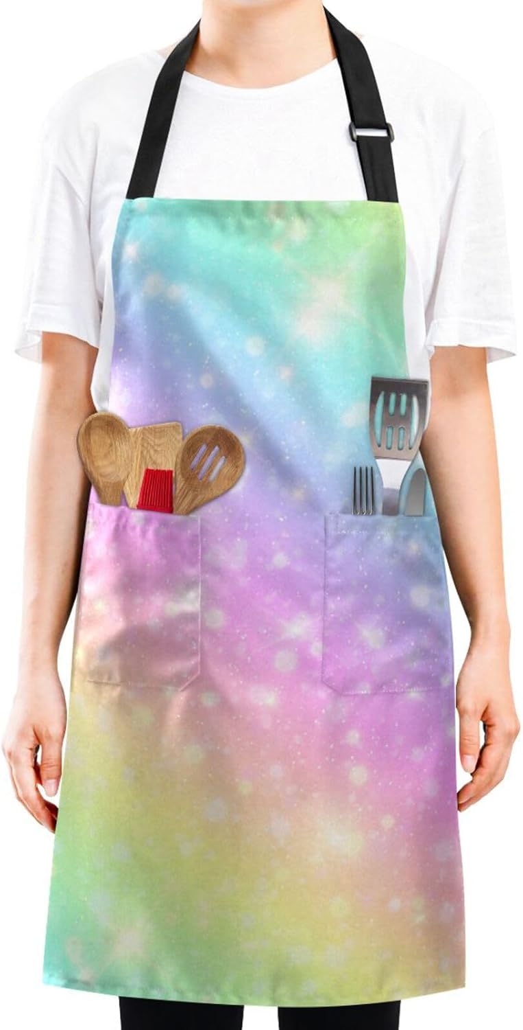 RPLIFE Delantal de cocina para mujer, diseño de arco iris con purpurina y bolsillos, delantal de chef impermeable, delantal de peluquería