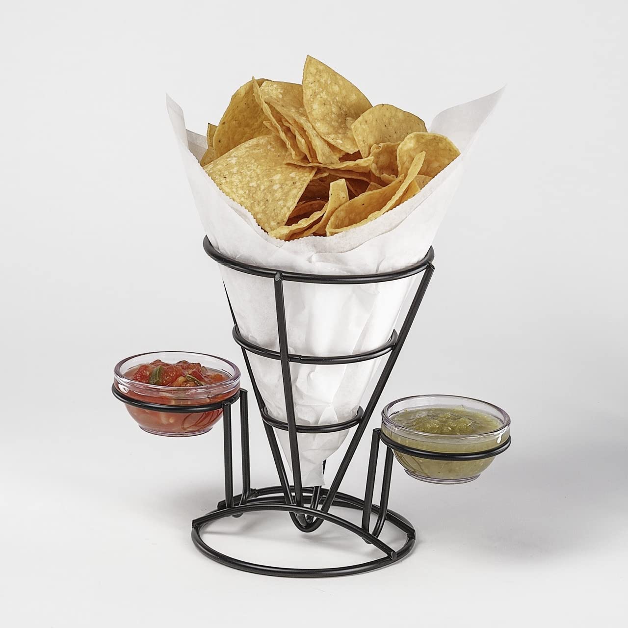G.E.T. Enterprises – Soporte de metal negro para papas fritas con dos soportes para tazas de salsa, colección de utensilios especiales con