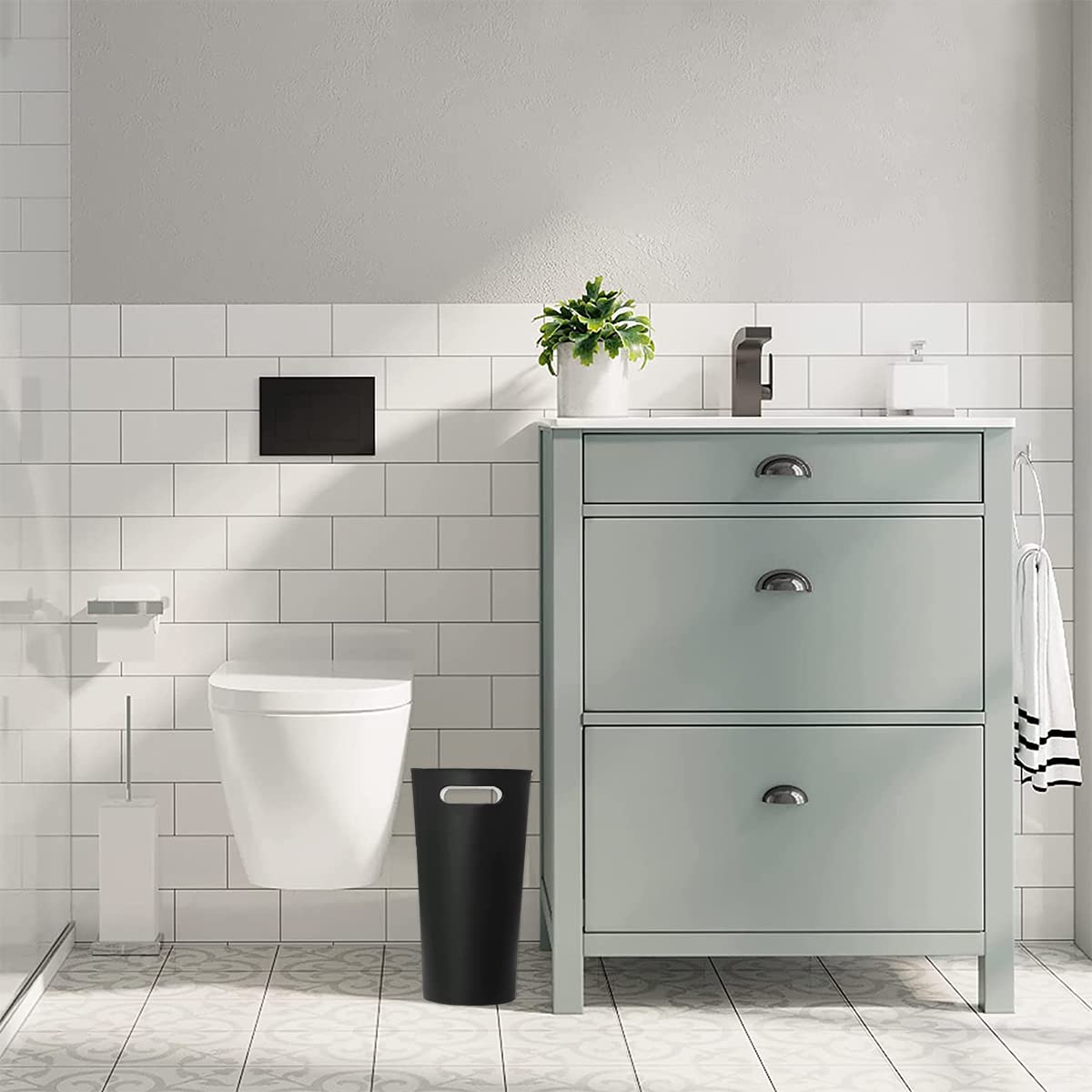 Cesta de basura delgada de 3.2 galones, color negro, paquete de 2, cubo de basura pequeño de plástico con asas, capacidad de 12 litros