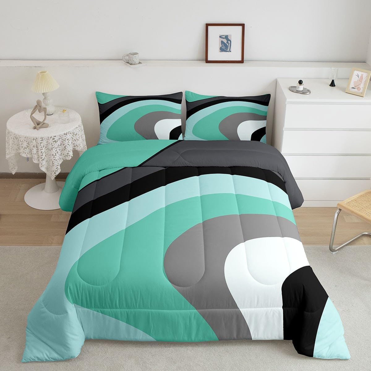 Juego de edredón de plumón color verde menta, azul, negro y gris, tamaño Queen, juego de edredón de espirales geométricos para niños y niñas, juego