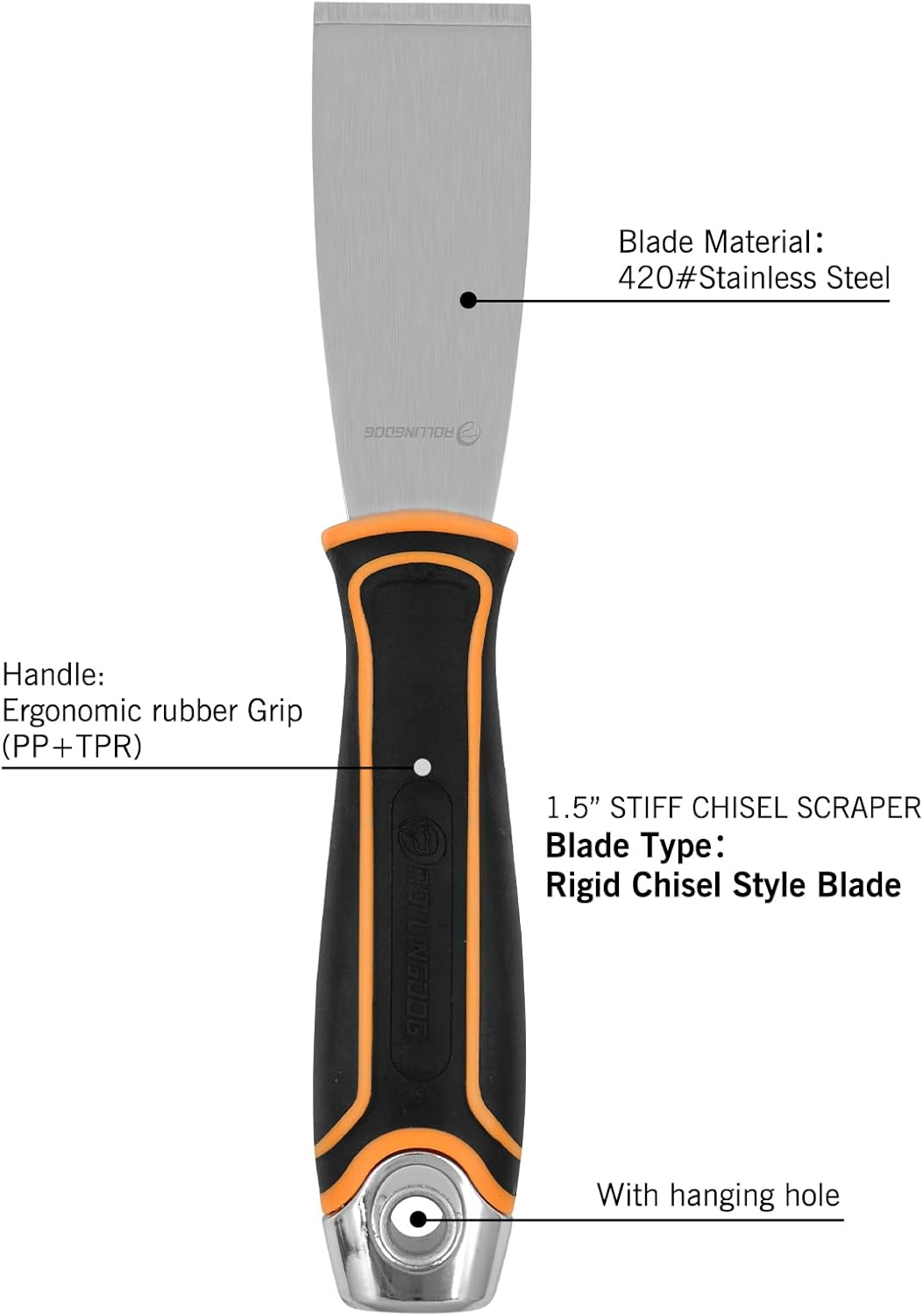 ROLLINGDOG Cuchillo de masilla rígida de 1.5 pulgadas, herramienta raspadora de pintura de cincel de acero inoxidable para pelar papel tapiz