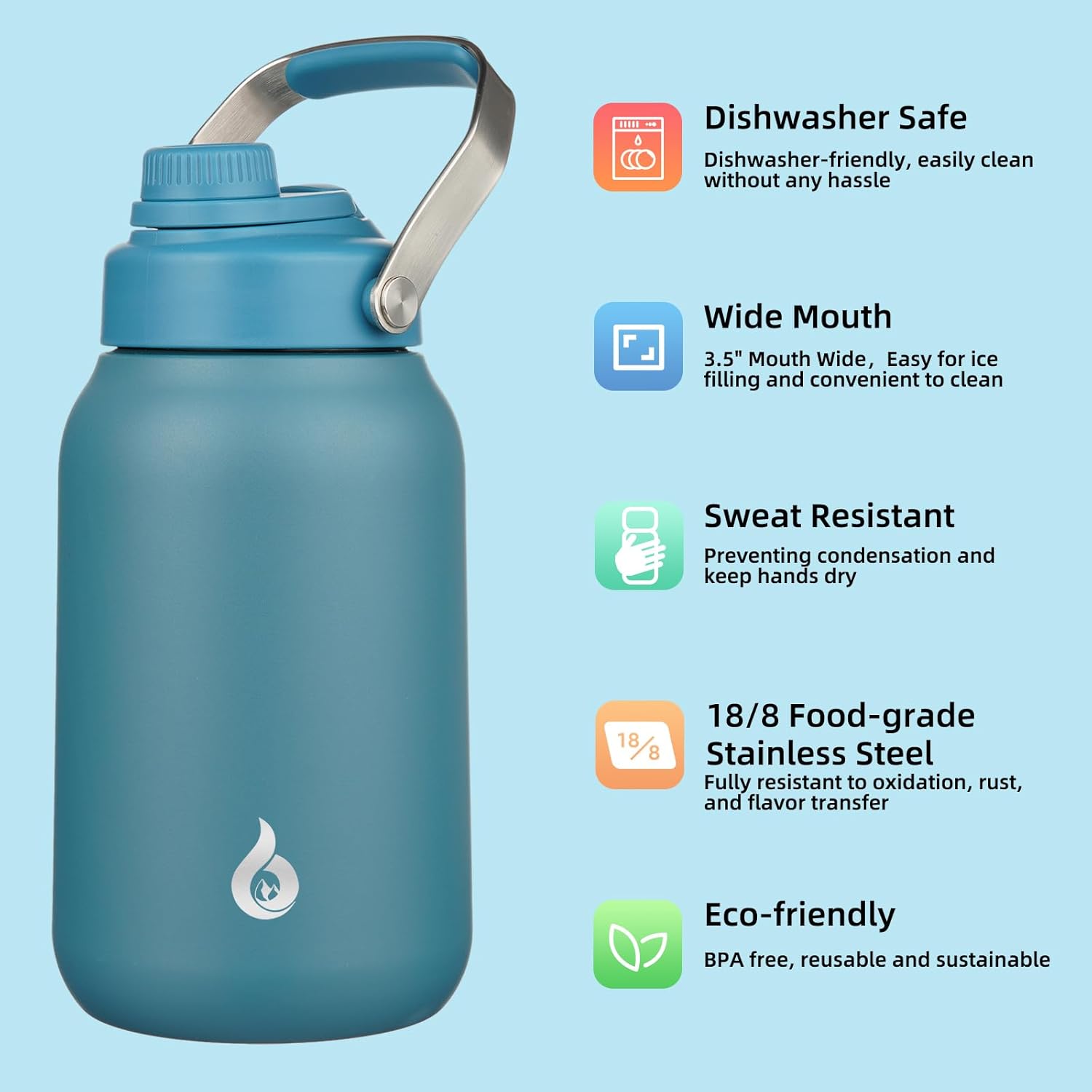 BJPKPK Botellas de agua aisladas de medio galón, jarra de agua de 64 onzas con mango de metal y tapa de boquilla sin BPA, botella de agua térmica