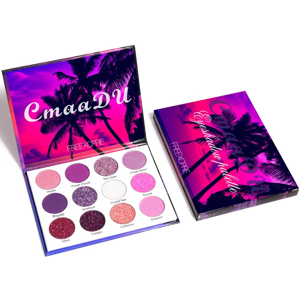 BINGBRUSH Paleta de maquillaje de sombra de ojos barata de 12 colores con brillantina, púrpura y rosa, brillante, brillante, brillante, metálico,