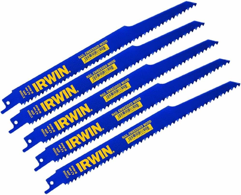 IRWIN Tools 372956P5 – Hoja de sierra recíproca, corte de madera incrustada en madera y clavos, 9 pulgadas, 6 TPI, paquete de 5