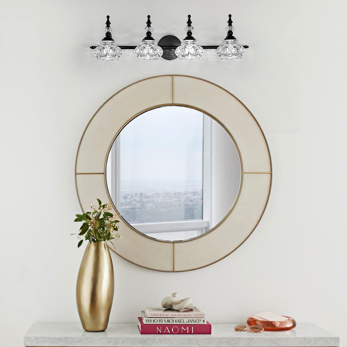 Lámpara de tocador de 4 luces, iluminación de baño, superficie negra pintada con pantalla de cristal grueso, luz de tocador vintage para baño