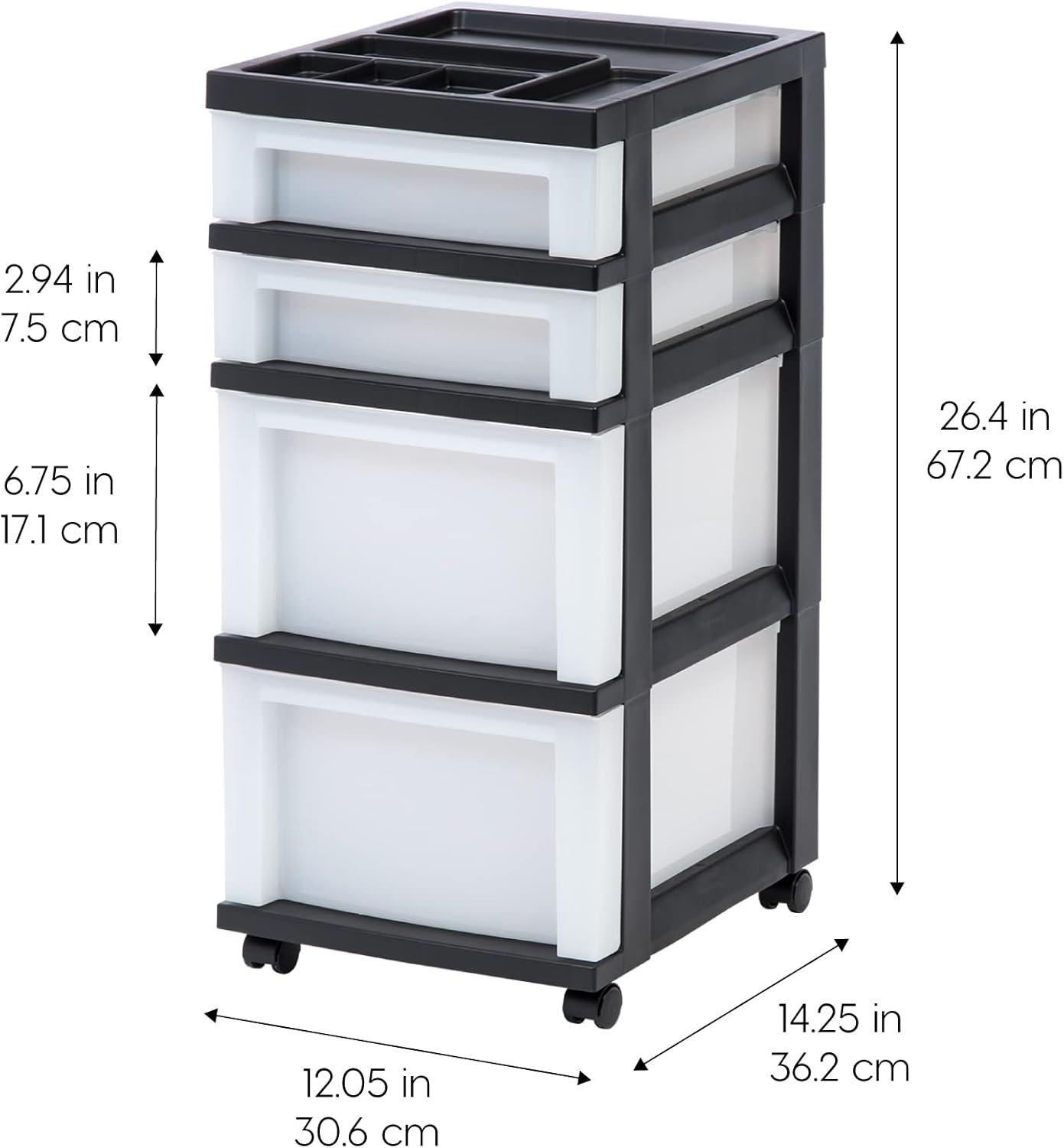 IRIS Carrito de almacenamiento de 4 cajones con parte superior organizadora, sistema de cajones de escritorio mediano negro y IRIS USA, 1 paquete,