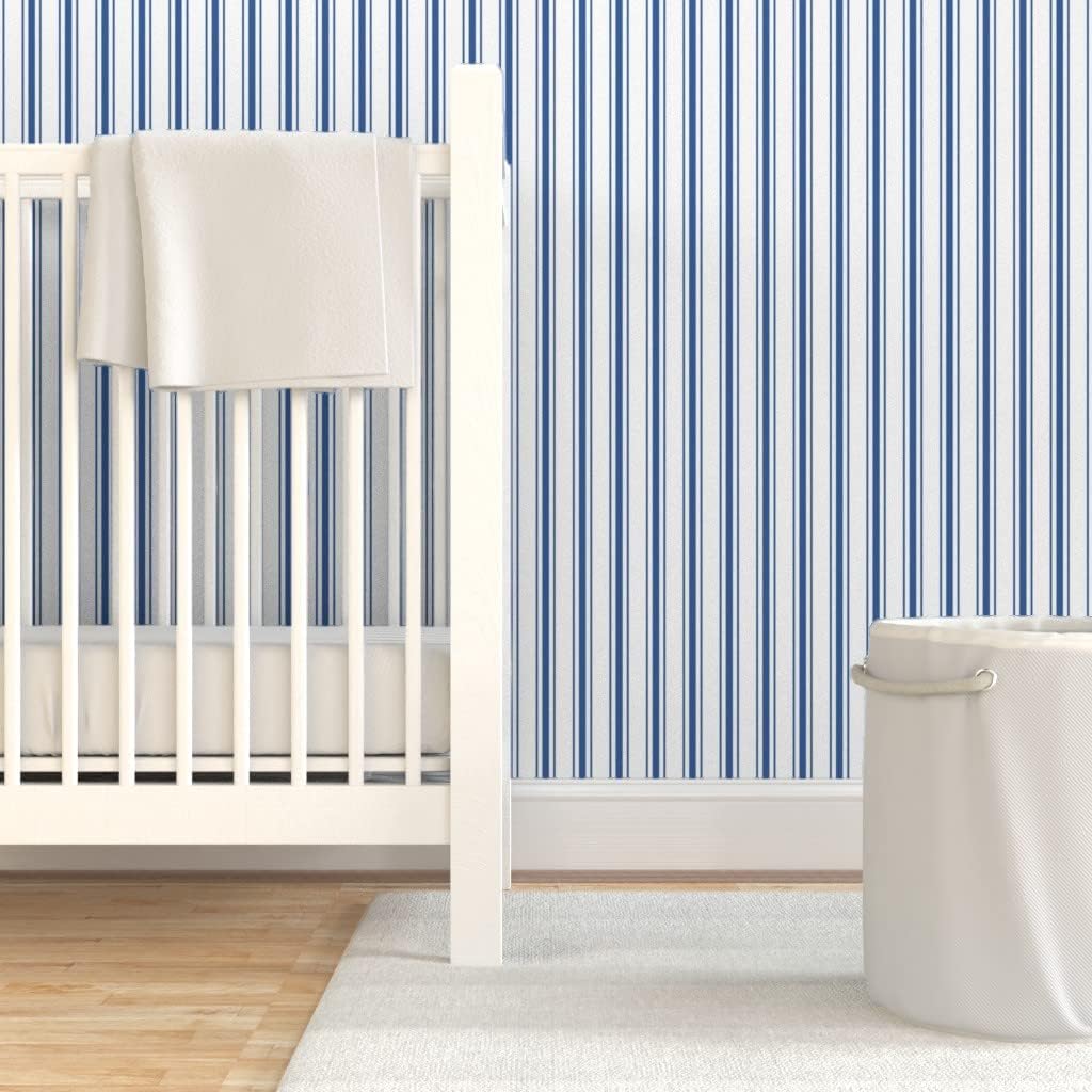 Spoonflower Removable Wallpaper 3ft x 2ft – French Ticking Stripes Striped Pattern Dark Blue White Farmhouse Custom Pre-Pasted Wallpaper