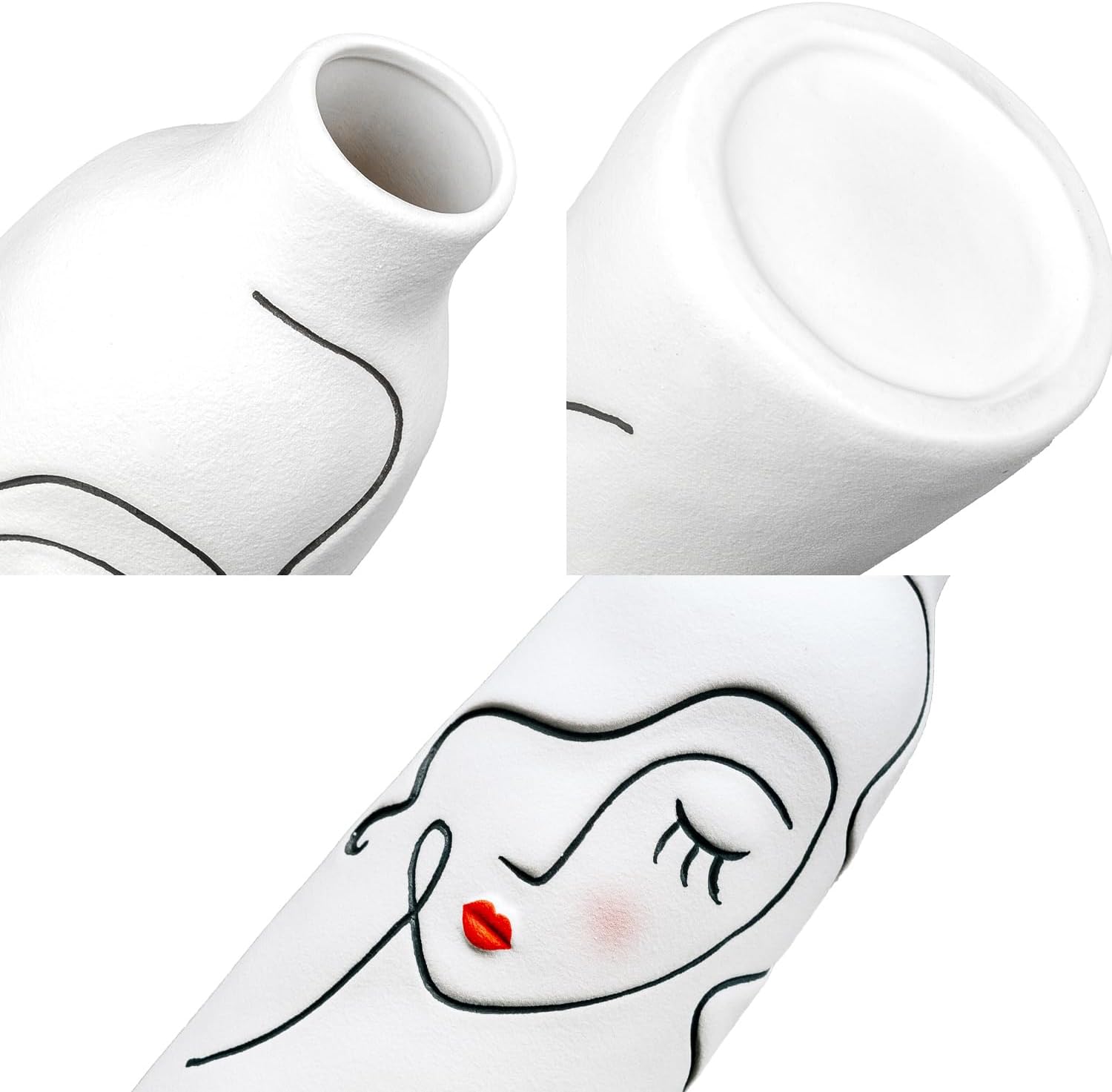 SANFERGE Juego de 2 jarrones de cerámica, color blanco mate con forma femenina con grabado de línea negra, cabeza de cara con colorete y labios