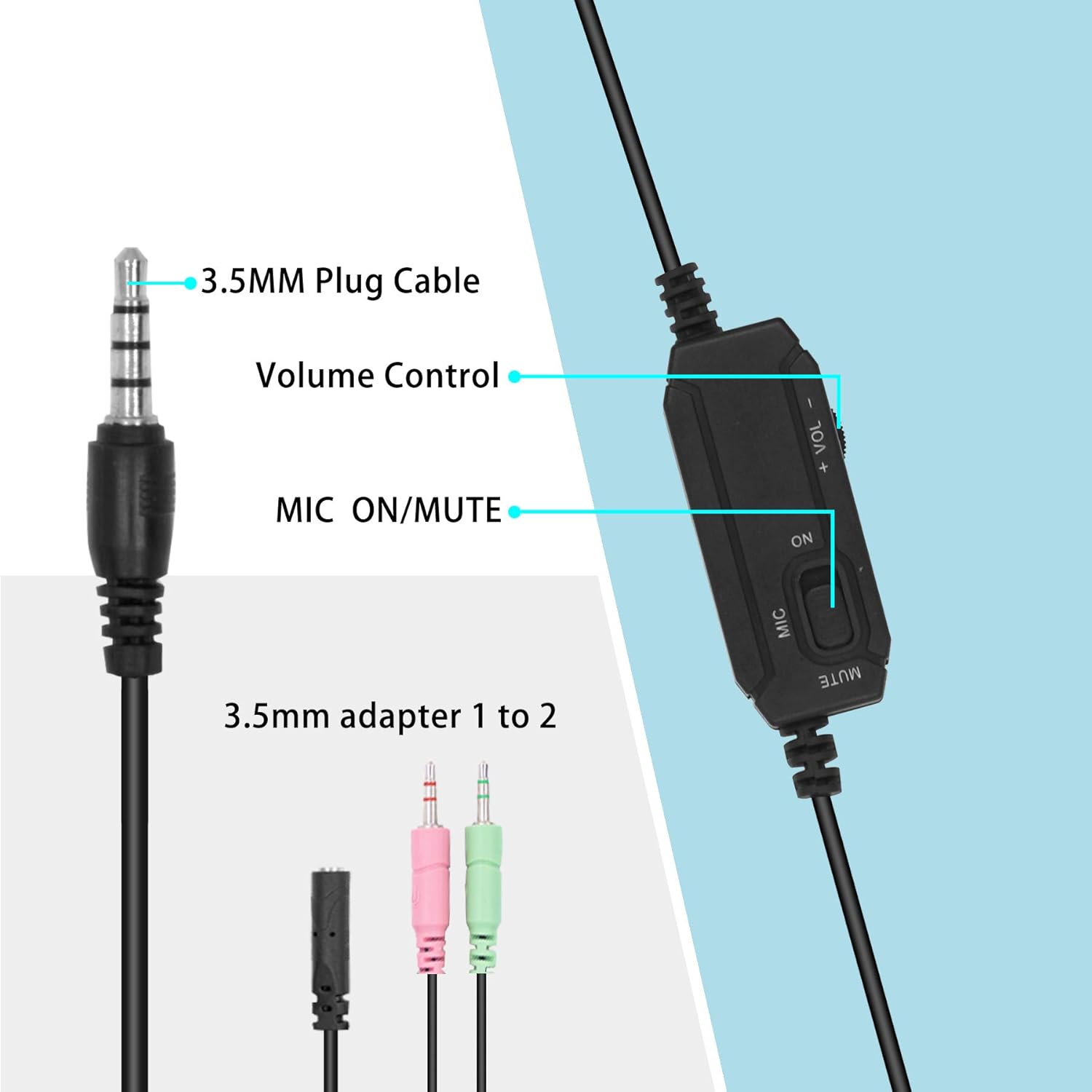 Auriculares de computadora de 0.138 in con micrófono, auriculares de oficina de ajuste cómodo con control de volumen en línea, auriculares sobre la