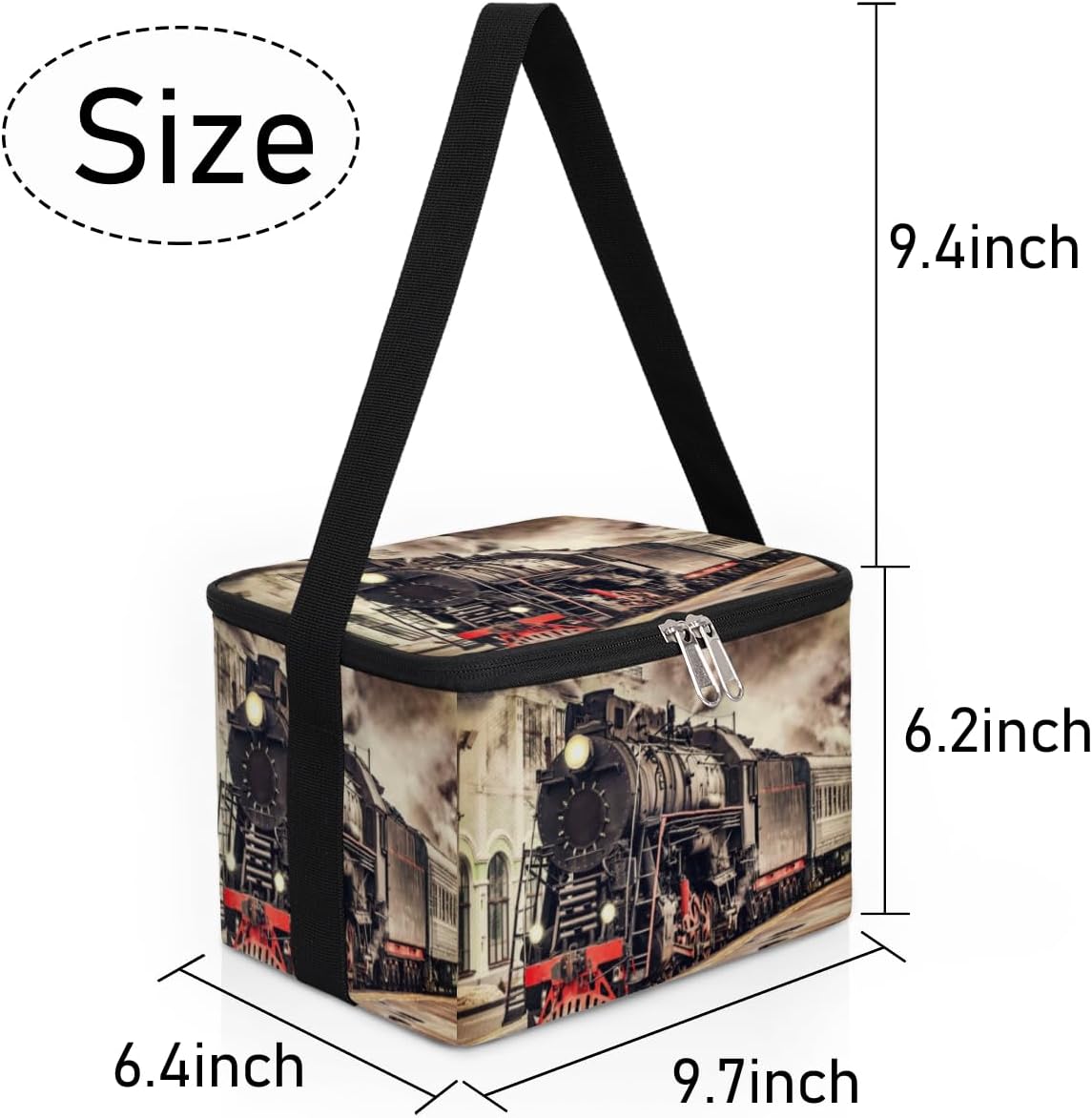 Bolsa de almuerzo vintage de tren de vapor, aislada, reutilizable, grande, con hombro ajustable y cremallera, bolsa de lona para oficina, trabajo,