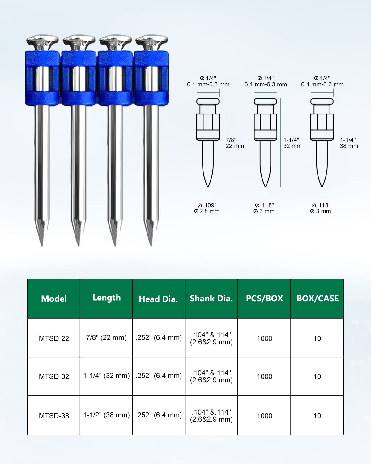 meite MTSD-38 Calibre 12 1-12 pulgadas de longitud, diámetro del vástago de 118 pulgadas, mecánico, galvanizado, mango liso, plástico, recolectado,