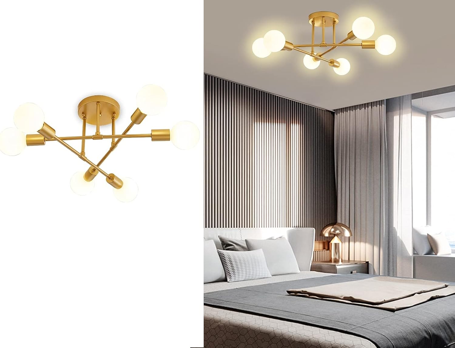 Surpars House Lámpara de techo moderna, lámpara Sputnik de 6 luces para dormitorio, comedor, sala de estar (dorado)
