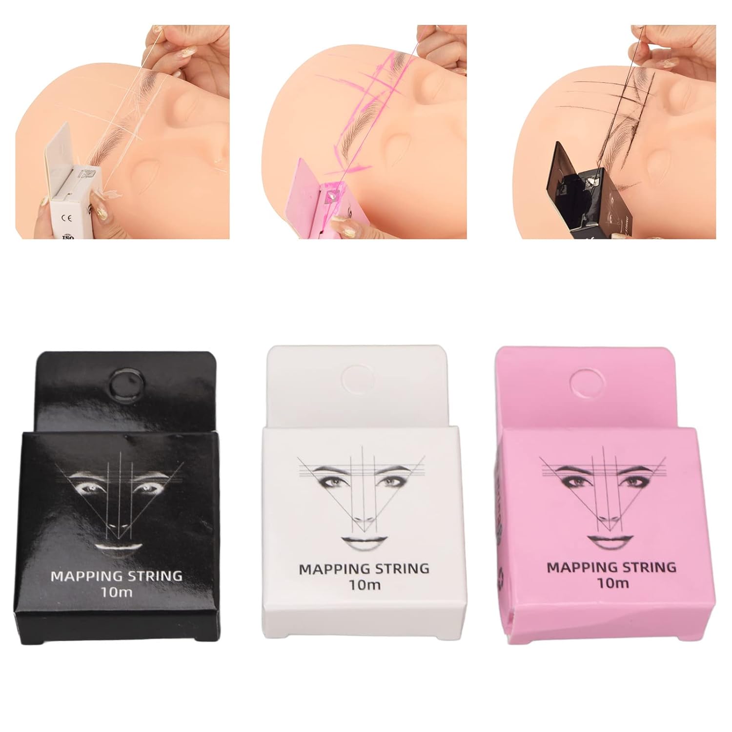 3 colores Microblading String Set 32.8ft Brow Design String 0.5 fl oz Hilo de mapeo de cejas preentintado para artistas Microblading Negro Blanco