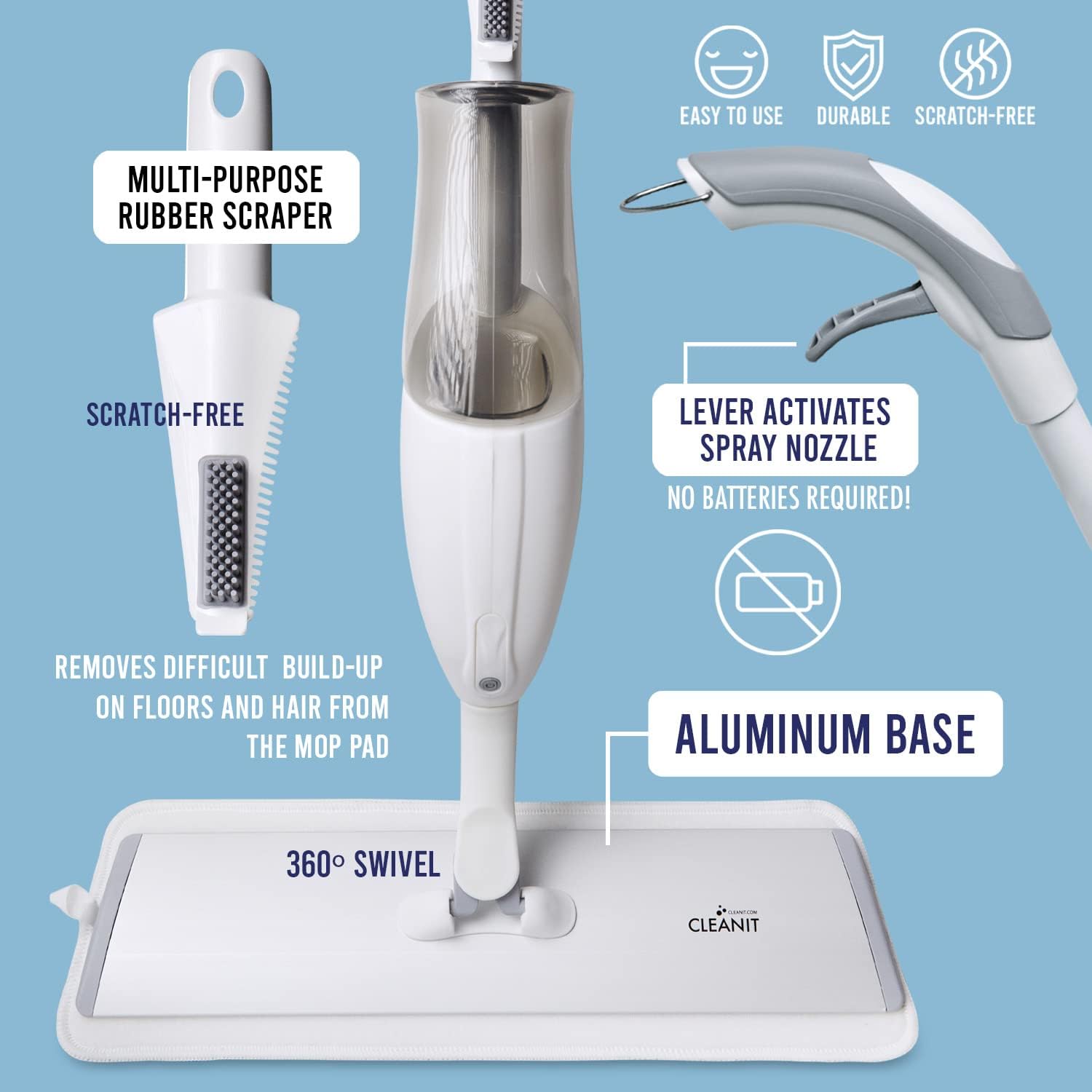 Don Aslett ‘s Spray Mop Plus+ para limpieza de suelos Cabezal giratorio de 360  Almohadilla de microfibra reutilizable  Raspador de goma  Botella
