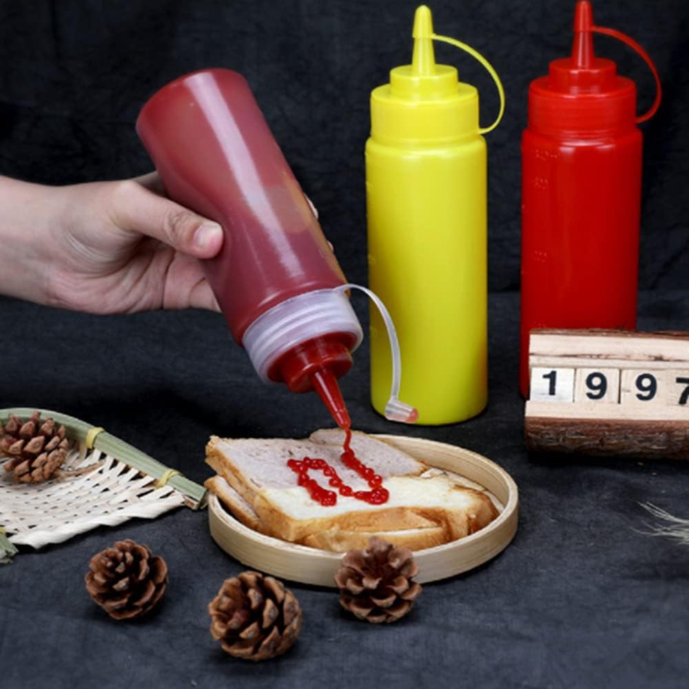 Botellas de plástico de 3 colores para salsa exprimible con tapas de boquilla, dispensadores de botellas de condimentos reutilizables para mostaza,