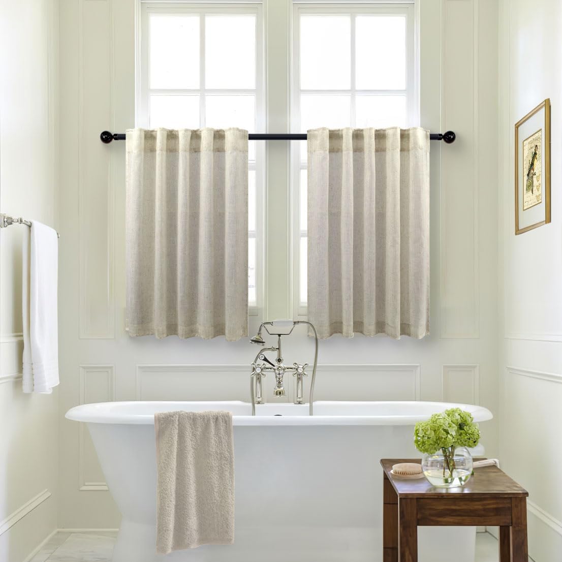 Cortinas de cocina de lino para ventana pequeña de 36 pulgadas de largo, 2 paneles con bolsillo con pestañas traseras, arpillera primitiva, granja,
