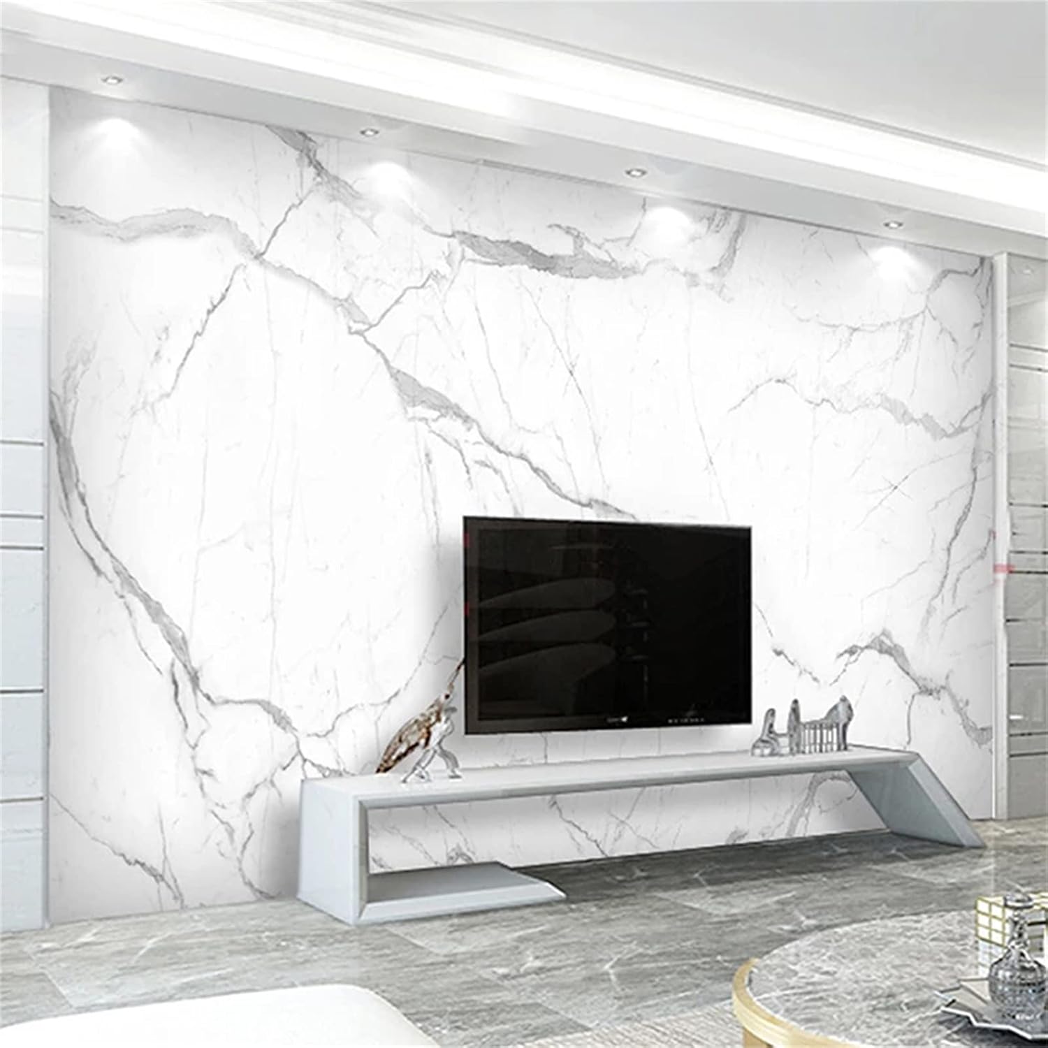 Mural 3D de mármol abstracto blanco con lineart, papel tapiz minimalista europeo, calcomanías de pared suaves sin grasa para la pared del sofá de la