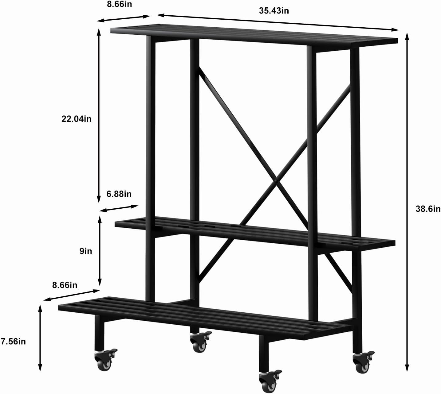 Zhongma Soporte para plantas de 3 niveles con ruedas, soporte de metal Heary Duty, 35.43 pulgadas de largo x 17.5 pulgadas de ancho x 38.6 pulgadas