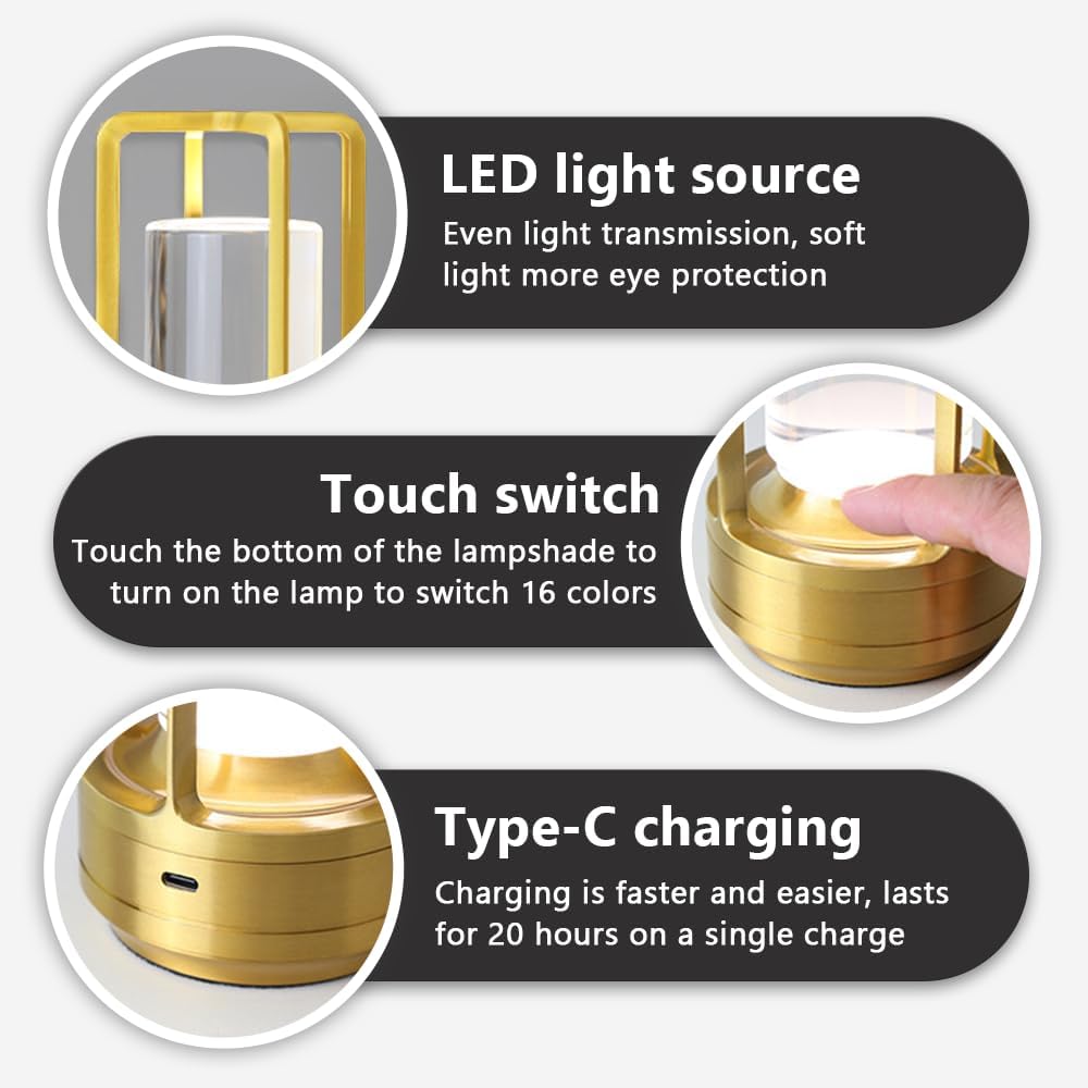 Lámpara de escritorio portátil de metal, lámpara de mesa LED inalámbrica, lámpara recargable de control táctil de 16 colores, lámpara de escritorio