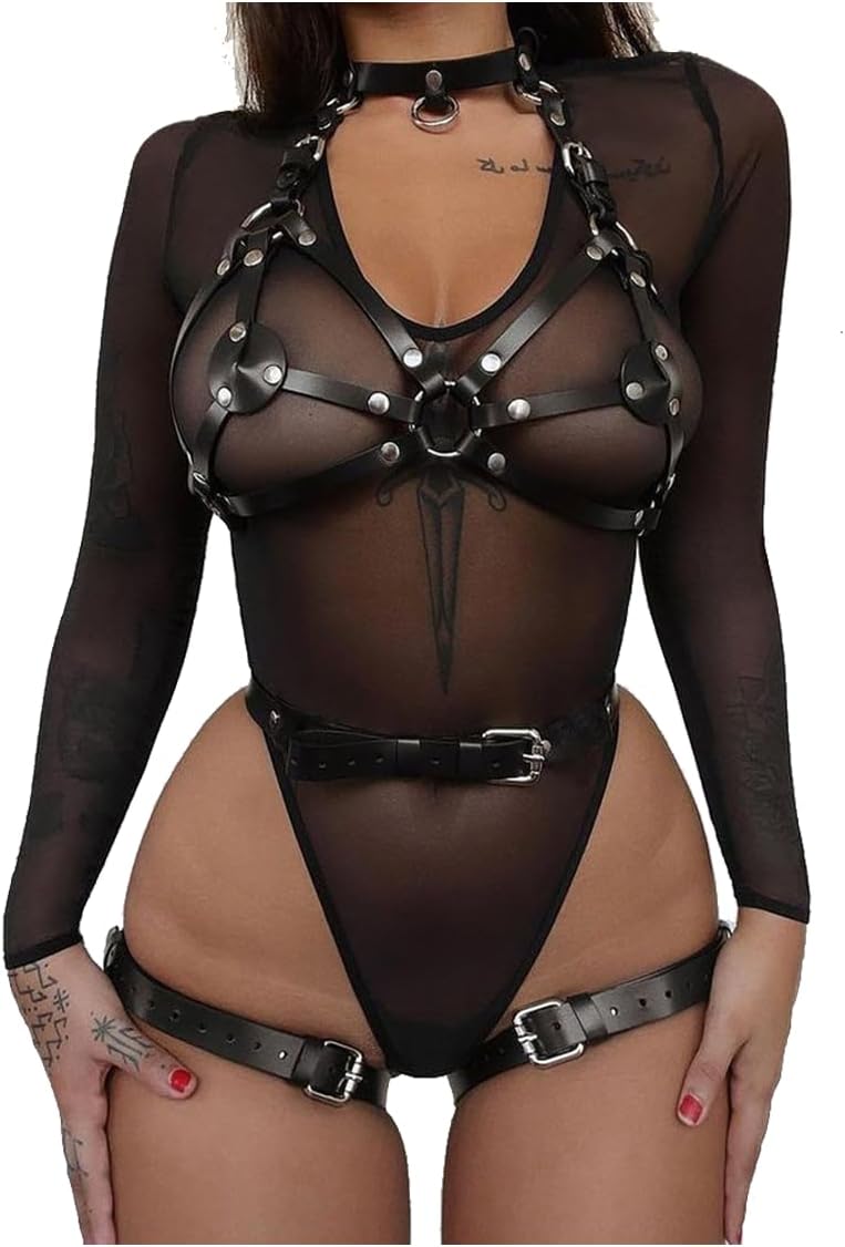 Arnés de cuero BDSM – Exquisito traje de dominatriz para mujer – Equipo BDSM de calidad premium, Negro –