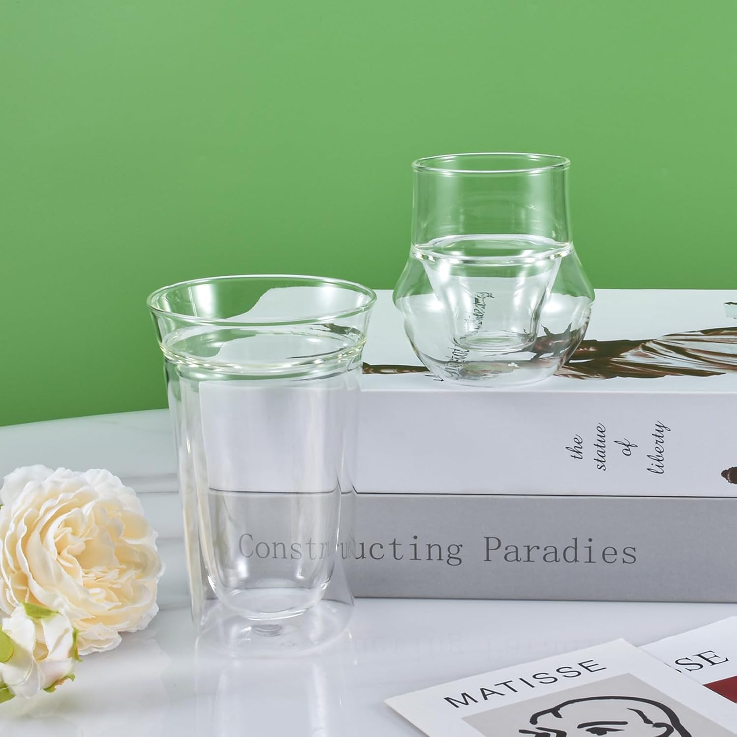 Koythin Taza de café de vidrio de doble pared, taza de café expreso, tazas aisladas transparentes de doble capa, taza de vino de 4 onzas para té con