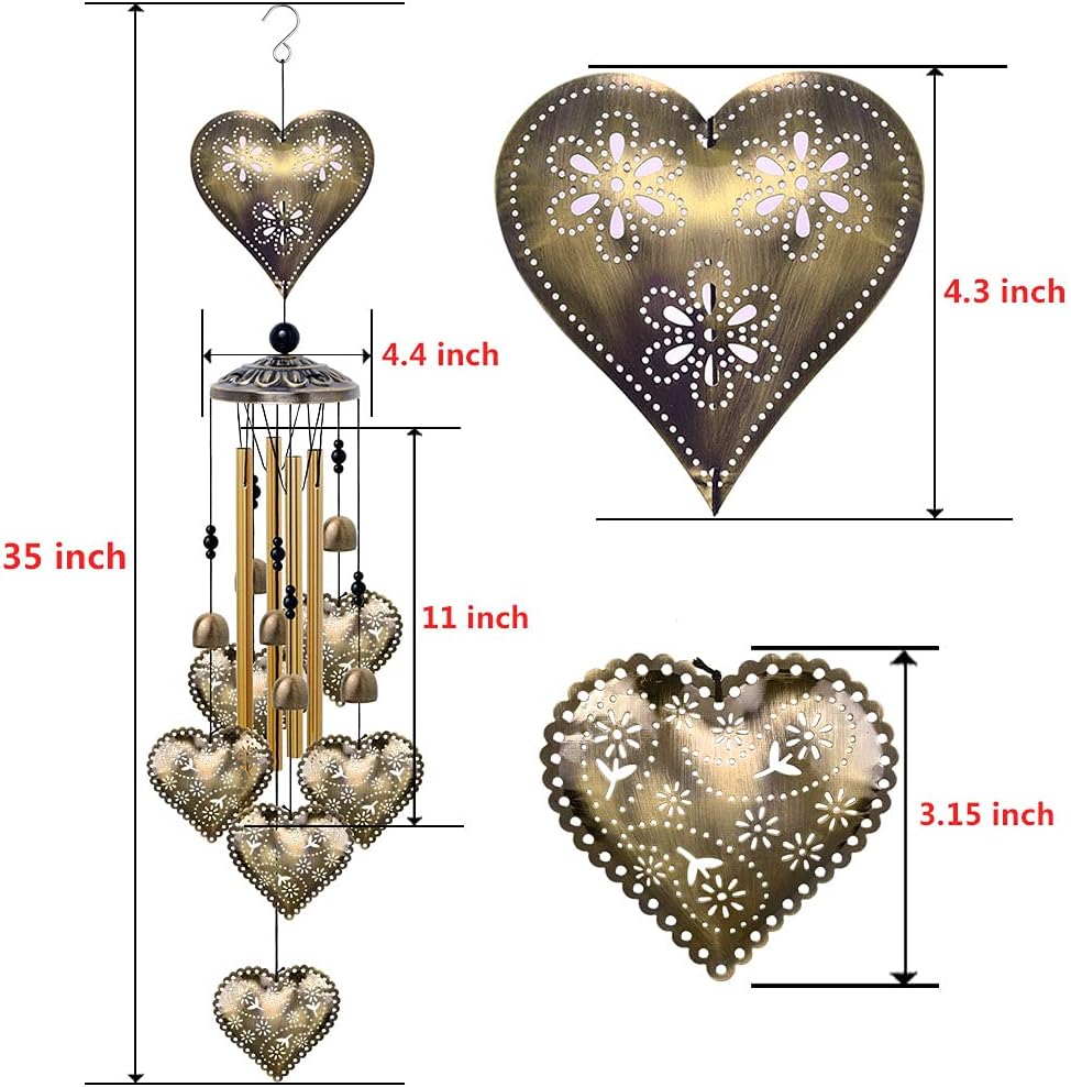 Campanillas de viento con forma de corazón para decoración interior y exterior, con 4 tubos, 6 campanas, 7 corazones, captador de viento romántico