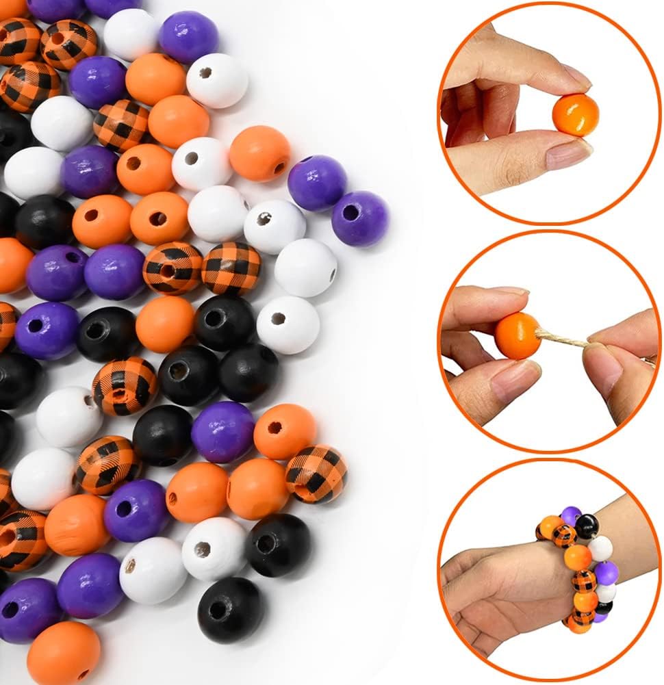 150 cuentas redondas de madera de Halloween, cuentas coloridas a cuadros de búfalo, cuentas espaciadoras de madera rústicas con cuerda de cáñamo