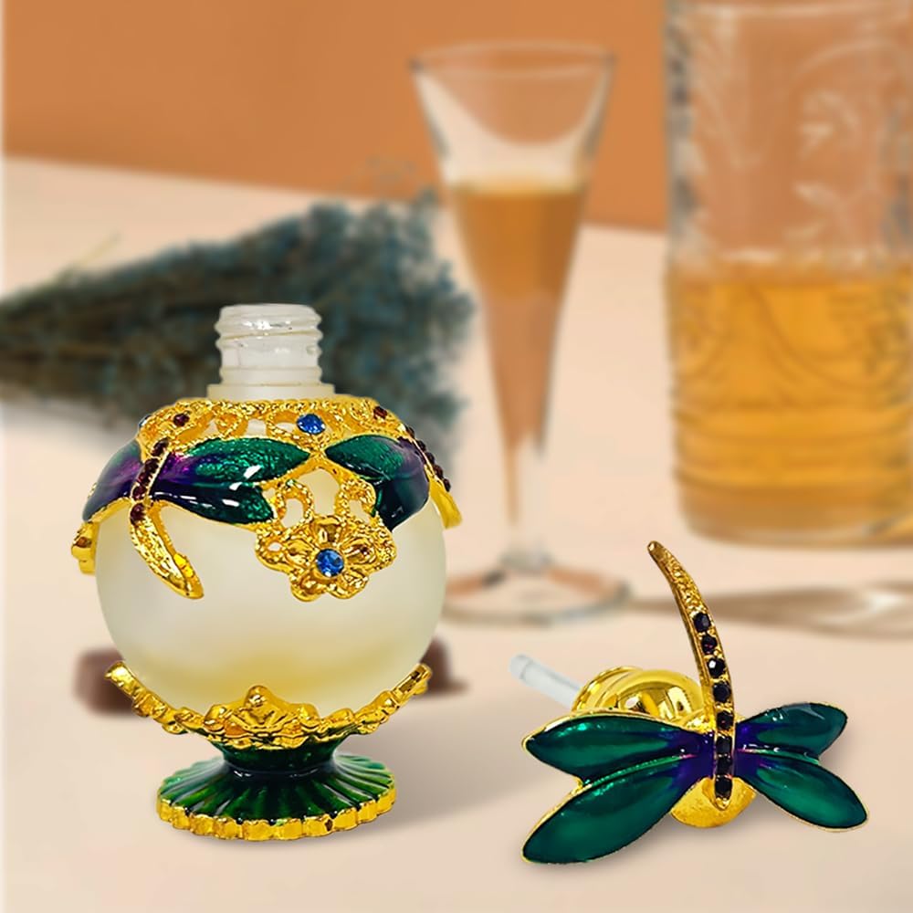 MEHOFOND Botella de perfume vintage de libélula de 0.8 fl oz, botellas decorativas de vidrio rellenables, botellas de perfume de vidrio vacías para