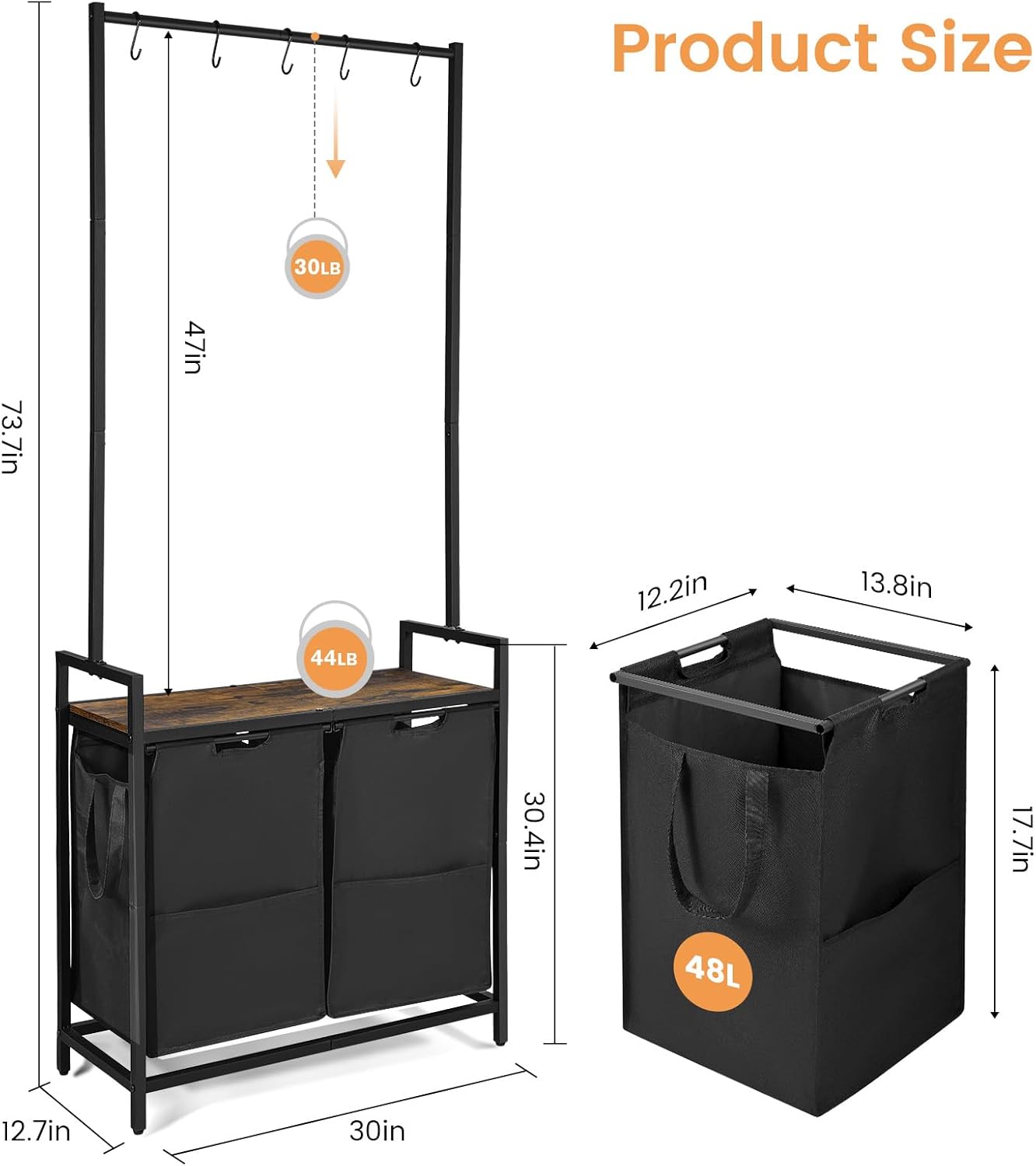Organizador de ropa para ropa sucia, 2 estantes de 12.7 galones (96 litros), cesta de lavandería con bolsas extraíbles, organizador de lavandería,