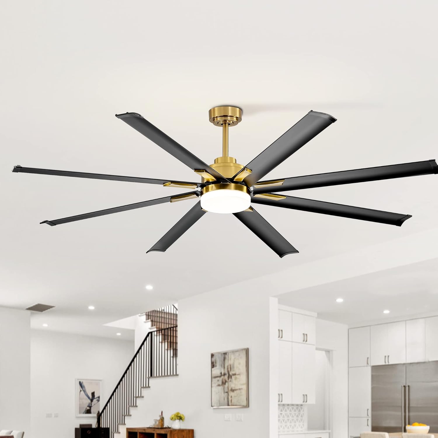 Breezary Ventiladores de techo de 72 pulgadas con control remoto de luz LED, 8 aspas de aluminio, ventilador de techo dorado y negro con motor de CC
