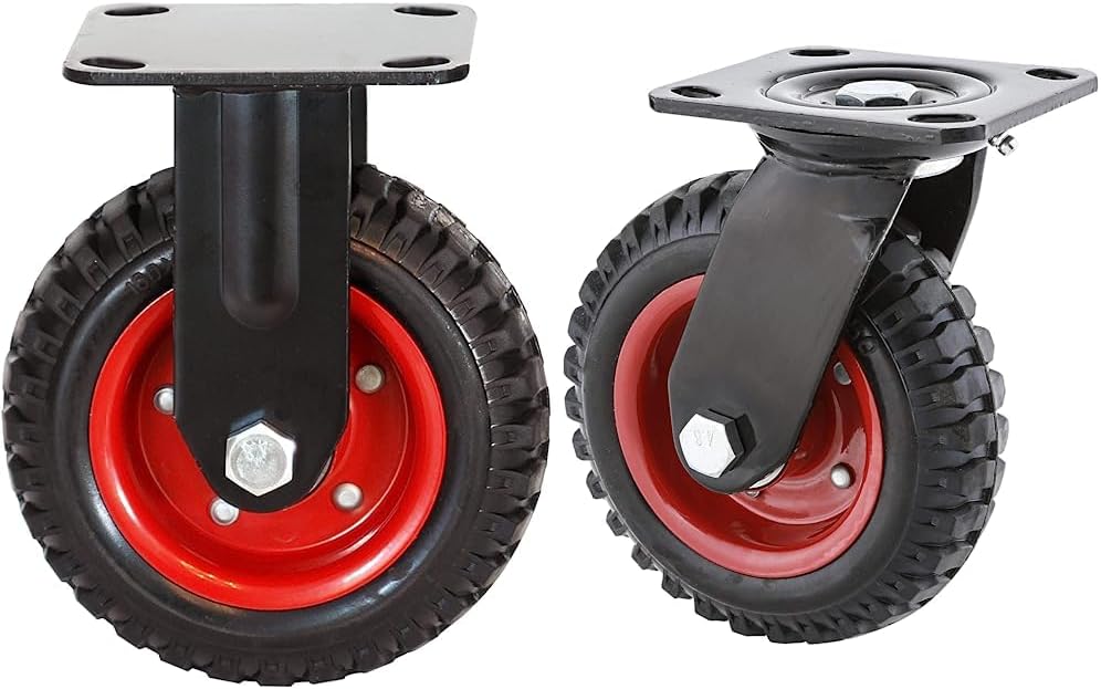 POWERTEC 17053 – Rueda industrial fija de alta resistencia, banda de rodadura de goma de 8 pulgadas, color negro y rueda industrial giratoria de