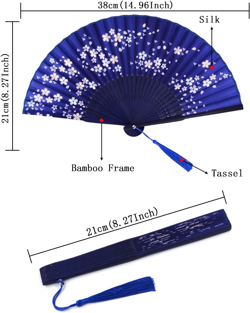 Amajiji Abanico de mano plegable para mujer, estilo chino japonés vintage, de seda de bambú, abanicos plegables de mano para fiestas, bodas, bailes,