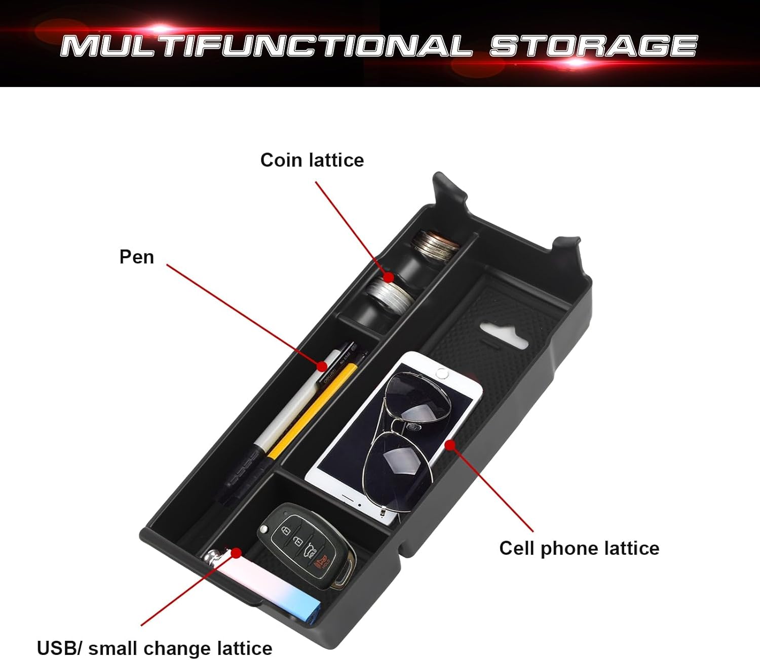 Xotic Tech – Reposabrazos para consola central interior, caja organizadora de almacenamiento para teléfono, monedas, tarjeta, bandeja de cajón +