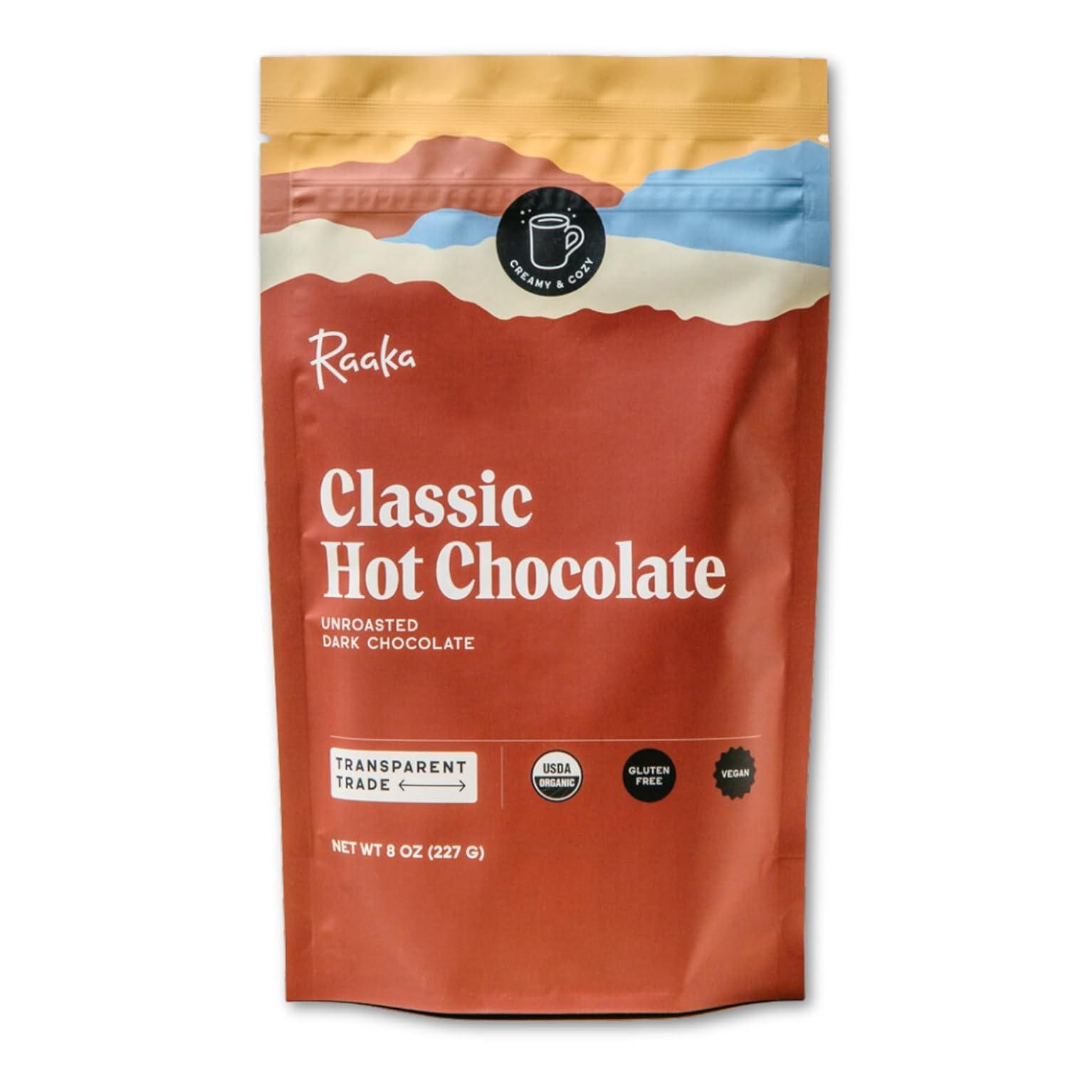 Raaka Mezcla clásica de chocolate caliente, orgánico, vegano, kosher, sin lácteos, bolsa de 8 onzas, 9 porciones