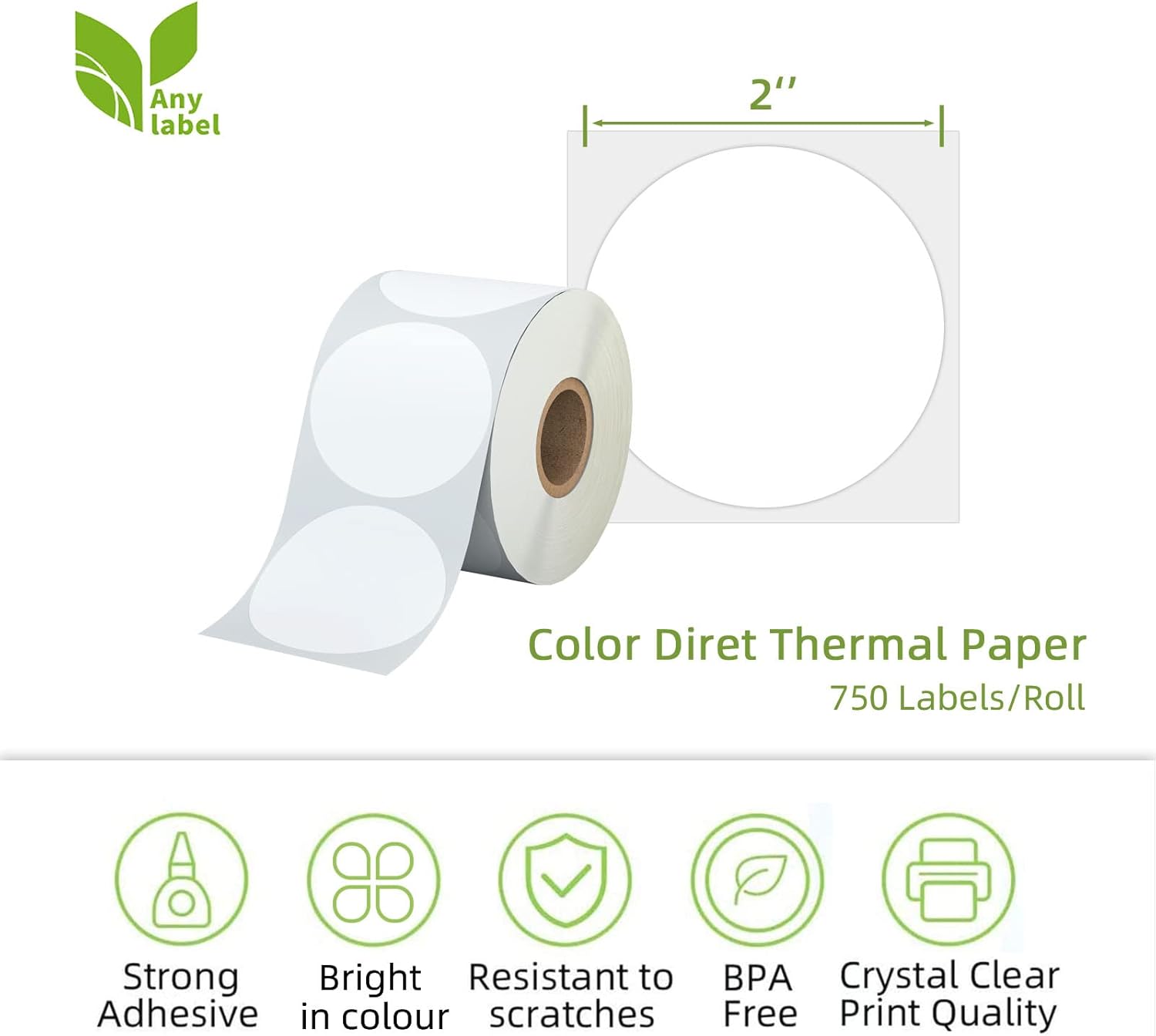 Anylabel Etiquetas térmicas directas de círculo blanco de 2 pulgadas, calcomanías térmicas directas redondas autoadhesivas, etiquetas adhesivas