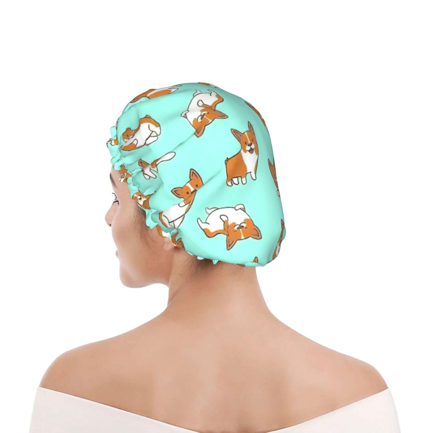 Corgi – Gorro de ducha impermeable de doble capa con estampado de perro, adecuado para todas las longitudes de cabello (10.6 x 4.3 pulgadas)