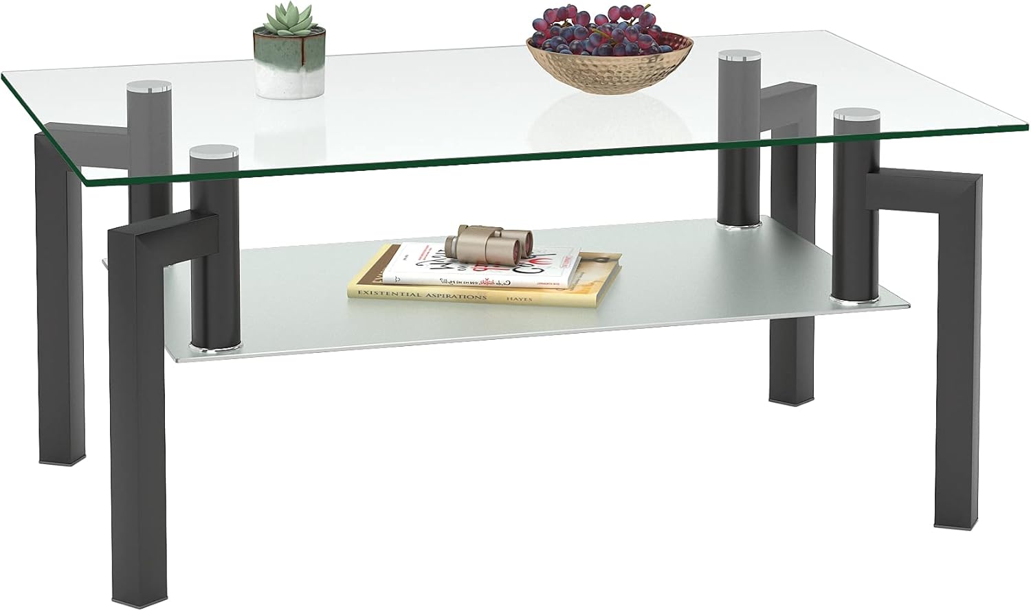 Homvdxl Mesas de centro transparentes para sala de estar, mesa de centro de 2 niveles con almacenamiento transparente y patas de metal, mesa central