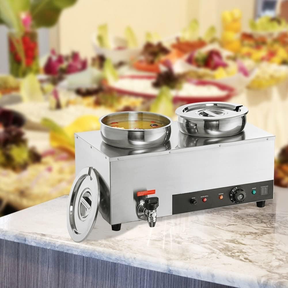 Calentador de sopa doble olla comercial Bain Marie, botón anti-quemadura y reinicio en seco, acero inoxidable 1200W, estación de buffet de