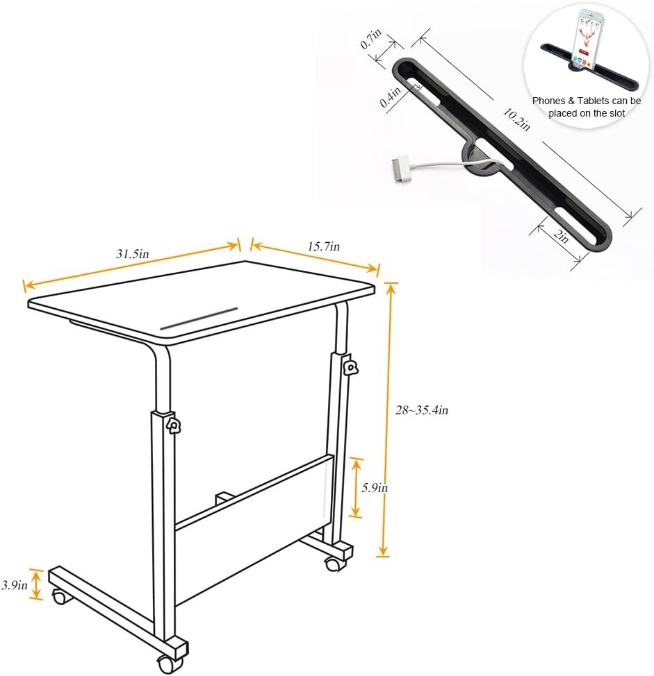 soges Mesa auxiliar móvil de 31.5 pulgadas, mesa de sofá con ranura y ruedas, escritorio para computadora portátil, ajustable, soporte para