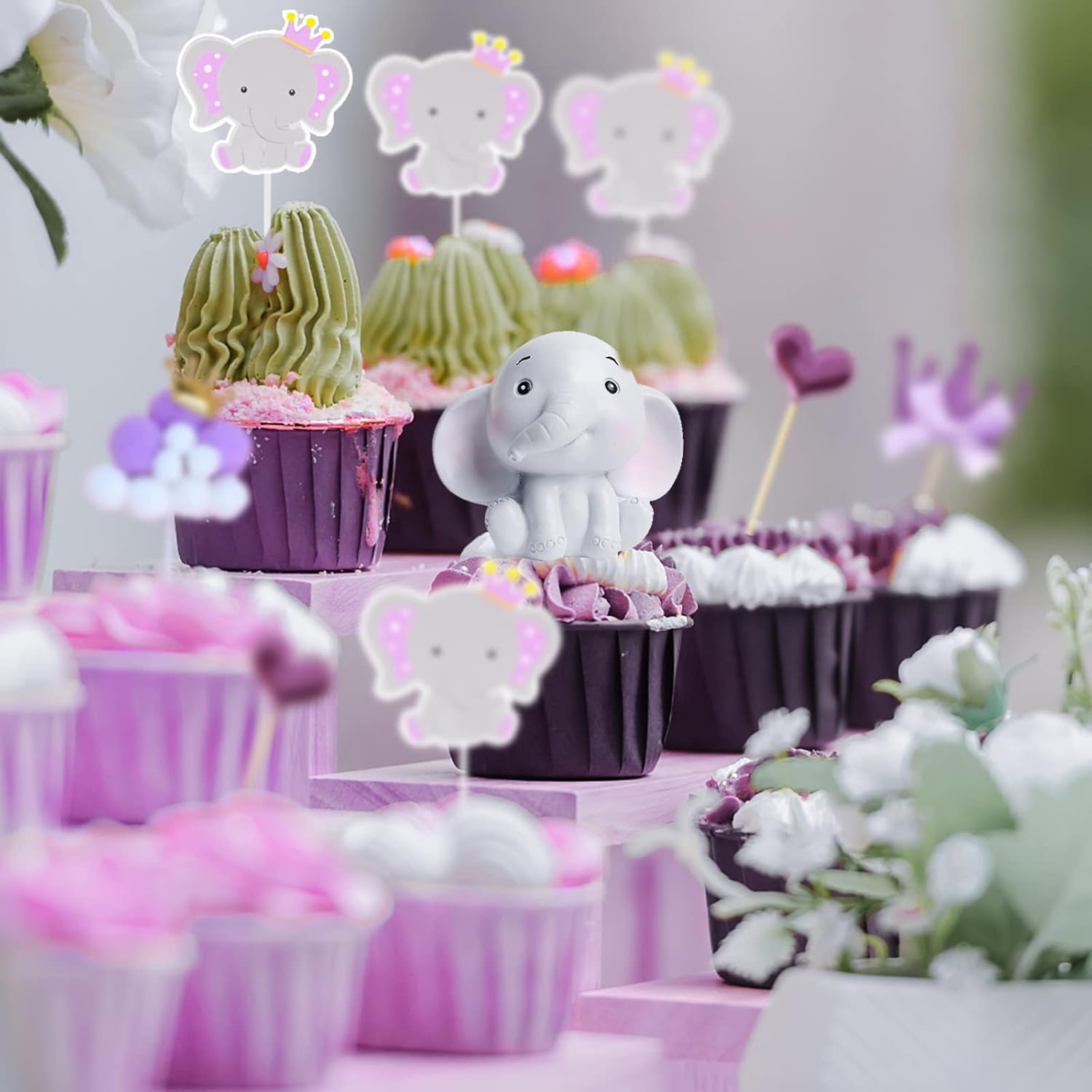 54 piezas de decoración de elefante para tartas de elefante, decoración de baby shower para niña, elefante, decoración de baby shower, decoración de