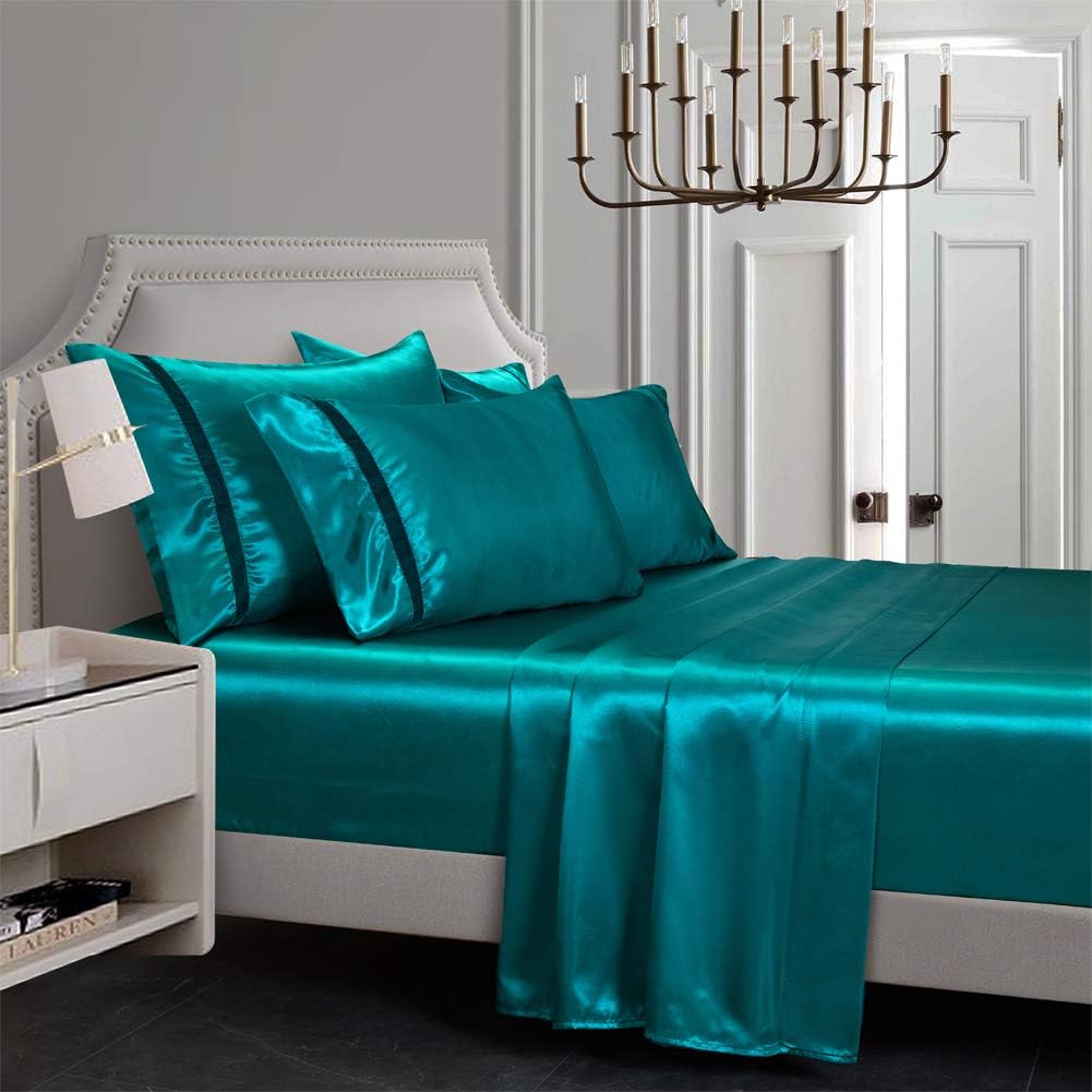 RevenRella – Ropa de cama de seda con 6 piezas, fundas de almohada y sábana bajera con bolsillo profundo, súper suave, lujosa, color liso, sexy,