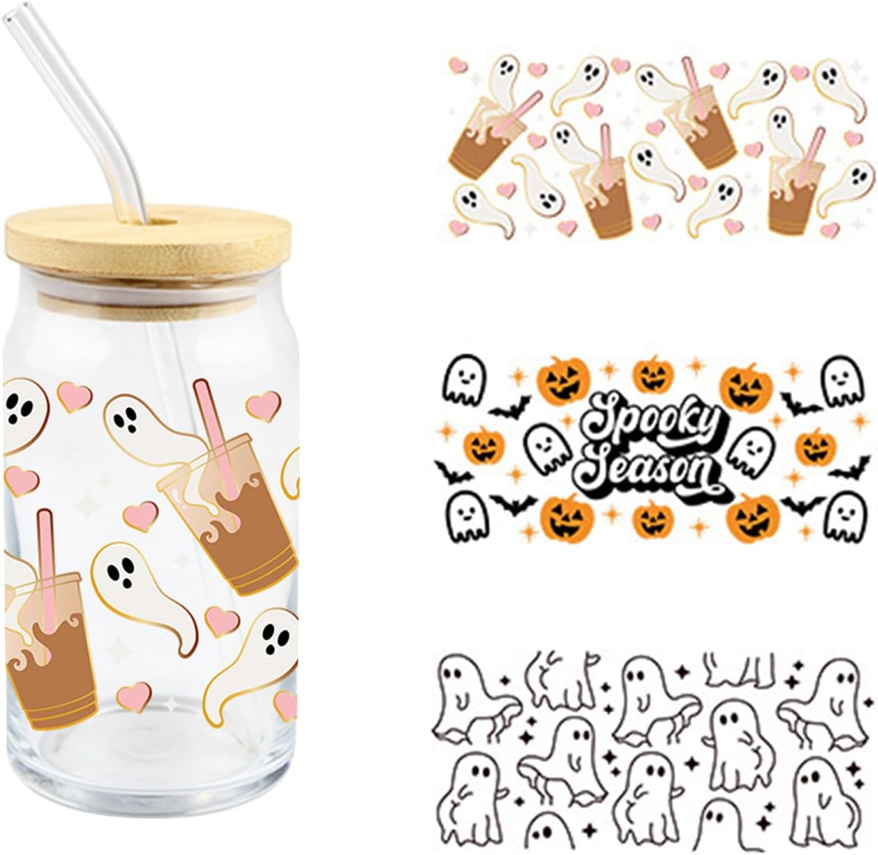 Taza de café de cristal para tazas de café, 3 hojas de estilo mixto de calabaza fantasma, diseño de calabaza y fantasma, impermeable, película
