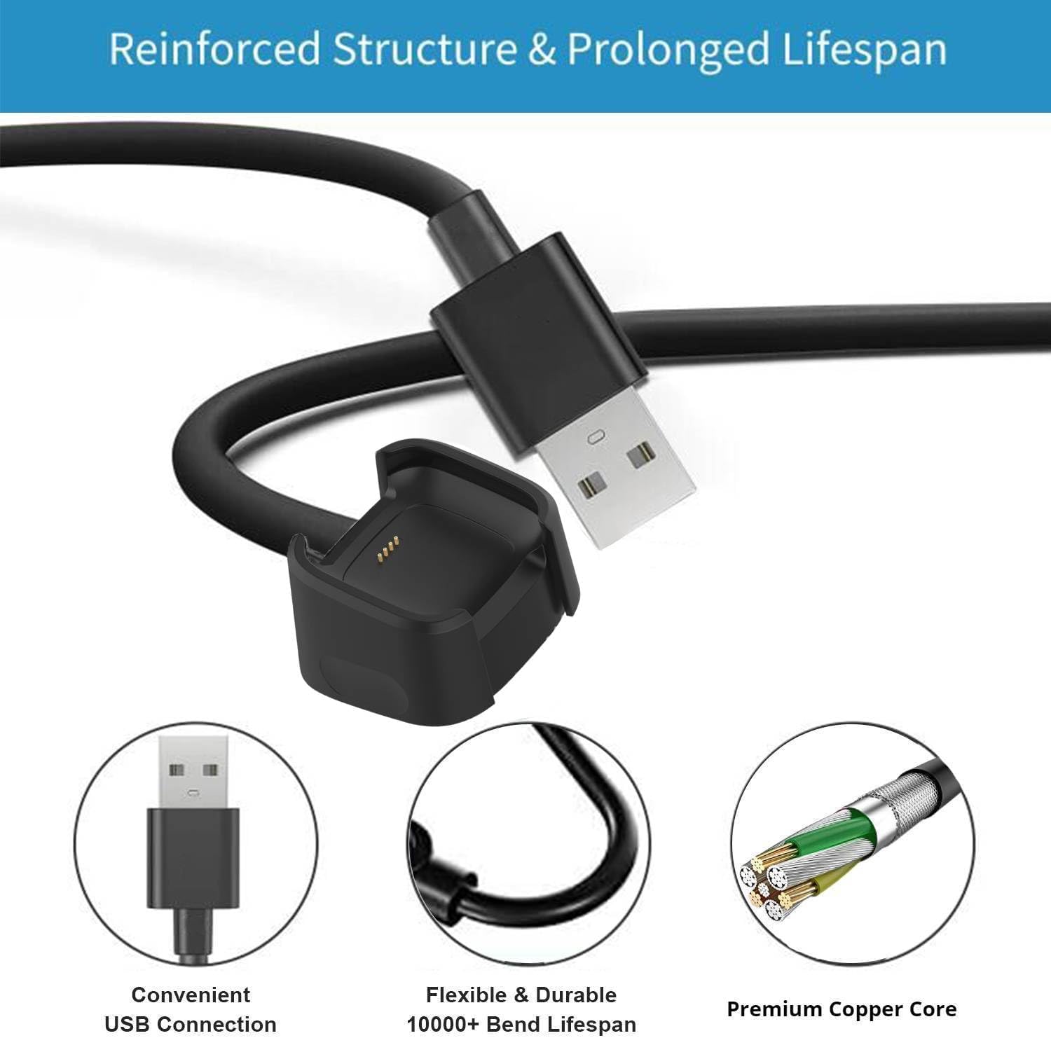 Cargador para Fitbit Versa 2, 2 unidades, 3.3 pies cable de carga de repuesto (imán fuerte)