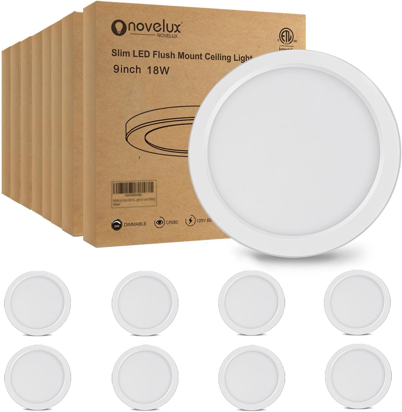 Lámpara de techo LED de 9 pulgadas, montaje empotrado, ultra delgada de 0.63 pulgadas de grosor, redondas, planas, paquete de 8 lámparas de techo